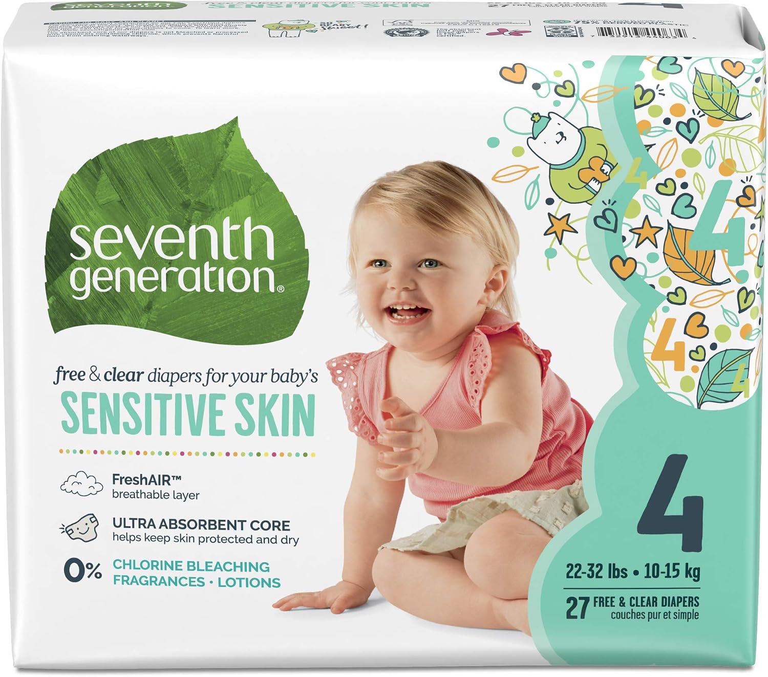 Seventh Generation Baby Diapers for Sensitive Skin, Animal Prints, Size 4, 27 count (Packaging May Vary)