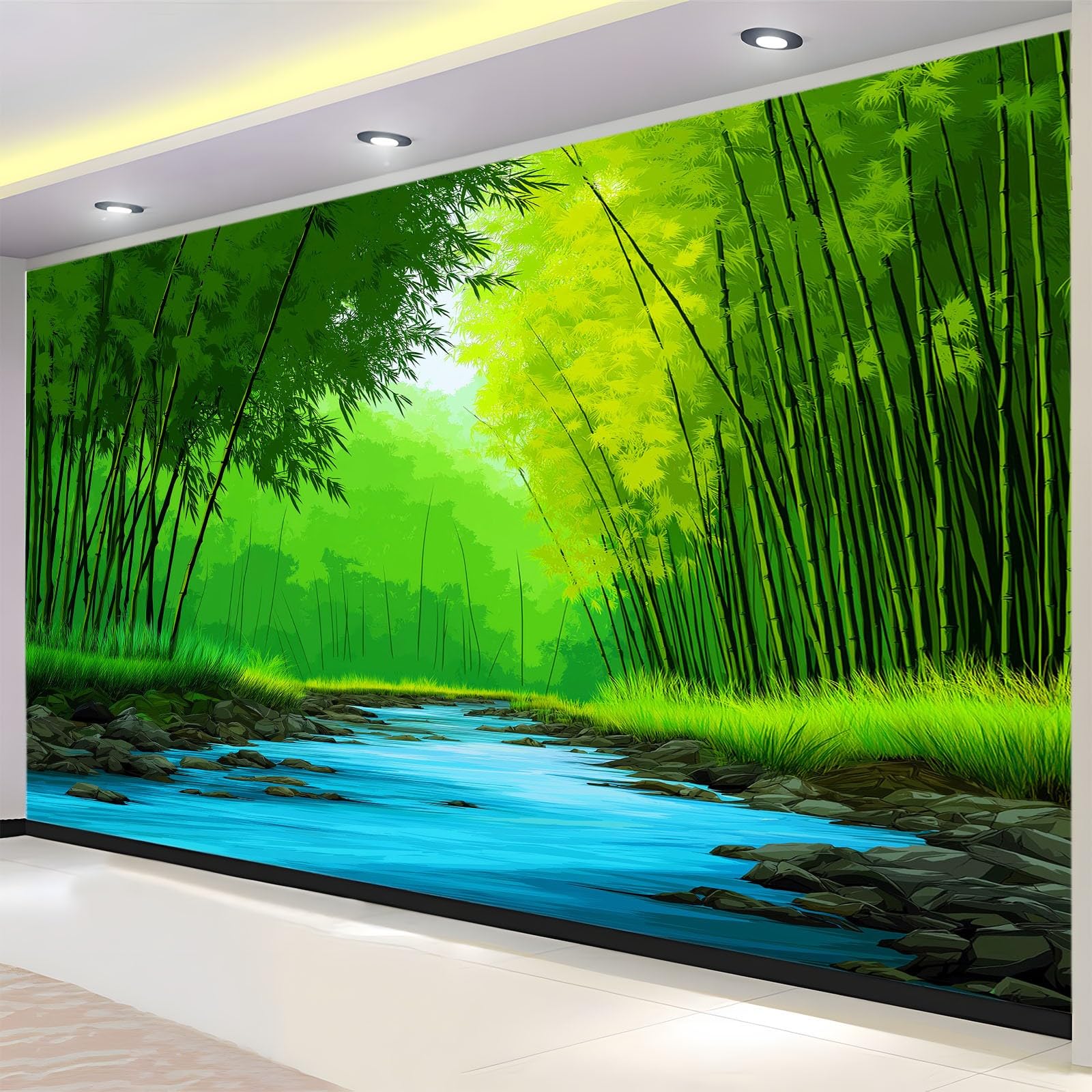 Tapeta 3D, fototapeta klasy premium, 350 x 256 cm, naturalny las bambusowy i strumień, fototapeta do salonu, nowoczesna tapeta z włókniny, obraz ścienny XXL, tapeta ścienna, efekt 3D, dekoracja