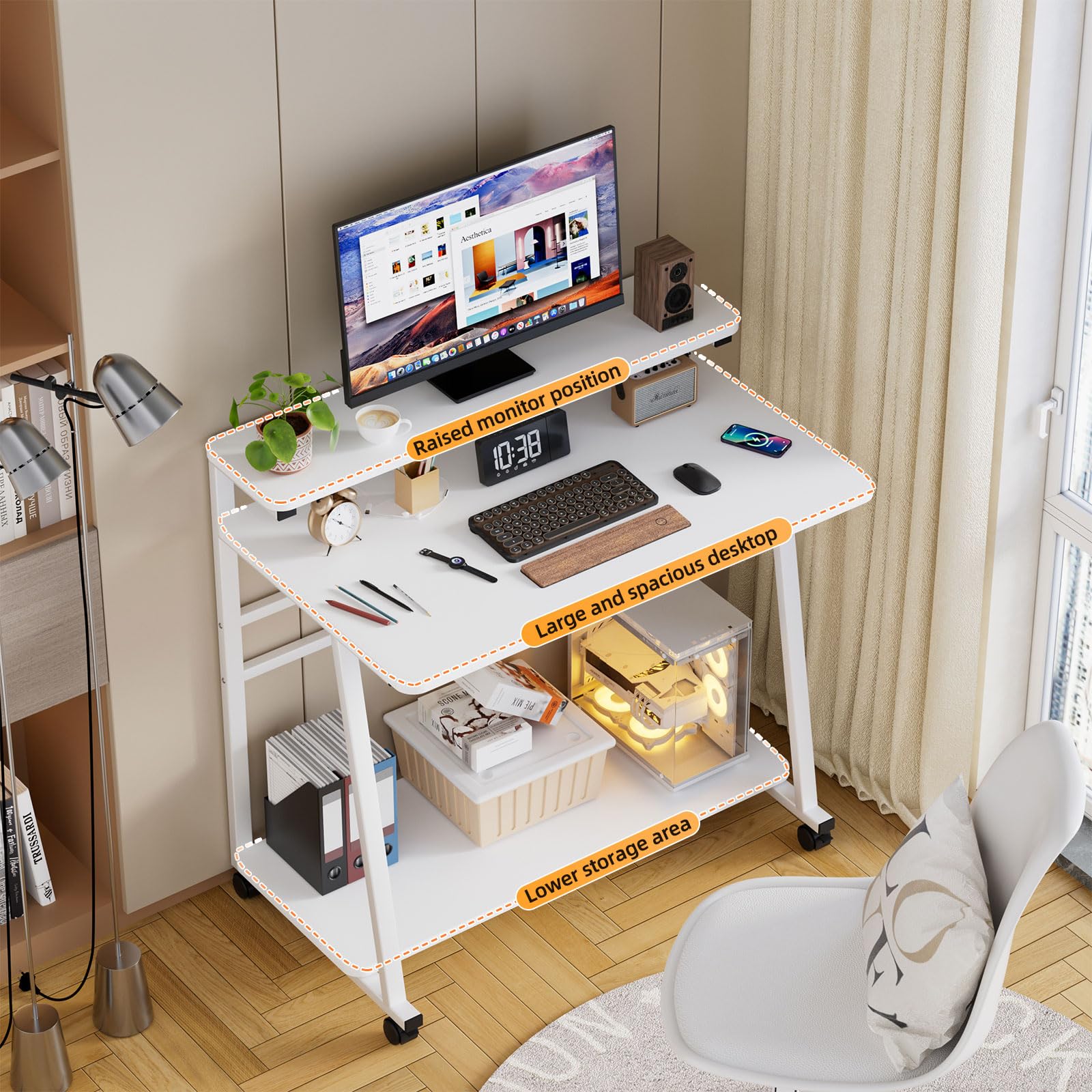Scrivania per Computer con 4 Ruote Tavolo Porta PC Con spazio di archiviazione Scrivania per Computer Scrivania Ufficio Portatile Facile da Montare per Casa Ufficio Studio 80x50x90CM (Bianco)