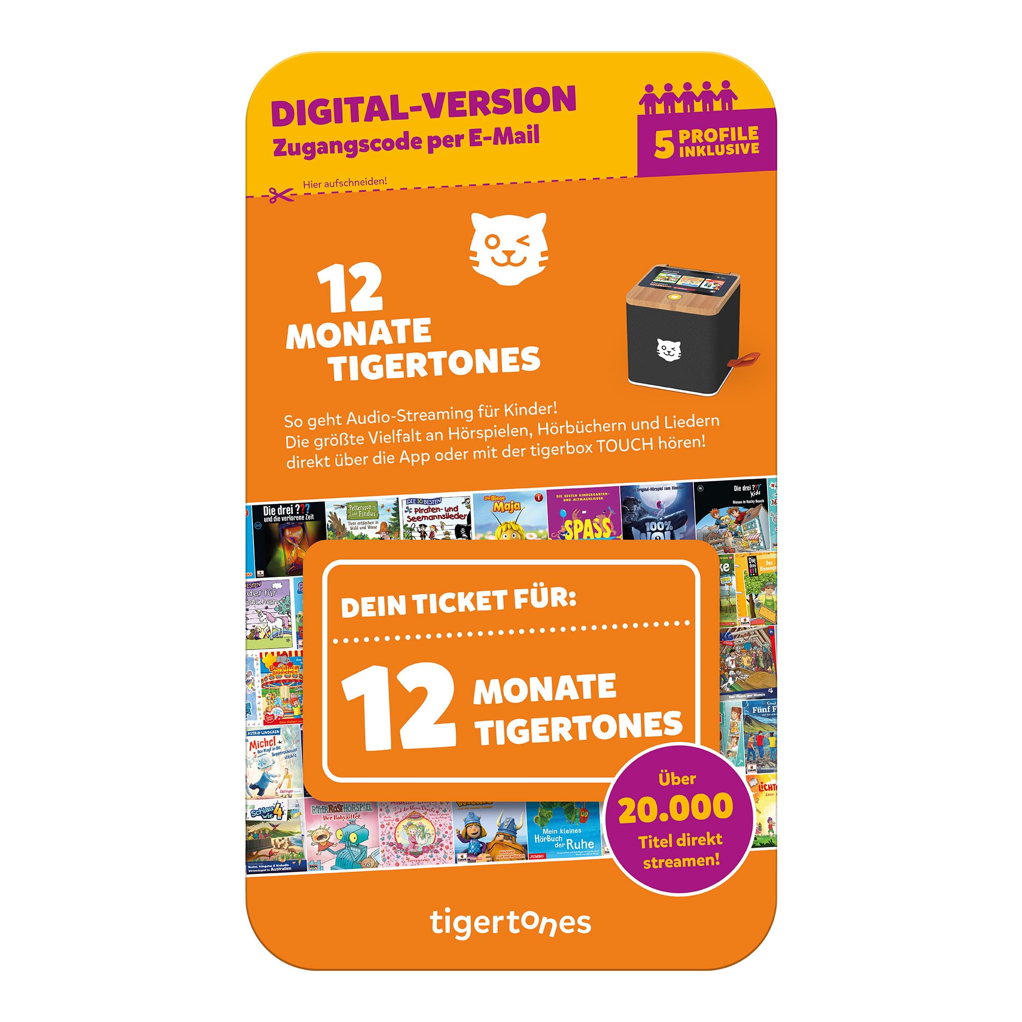 tigermedia tigertones-Ticket (DIGITAL) sofort vergübar 12 Monate Audio-Streaming 20.000 Hörspiele Hörbücher Kindermusik tigerbox 5 Profile | Aktivierungscode per Email