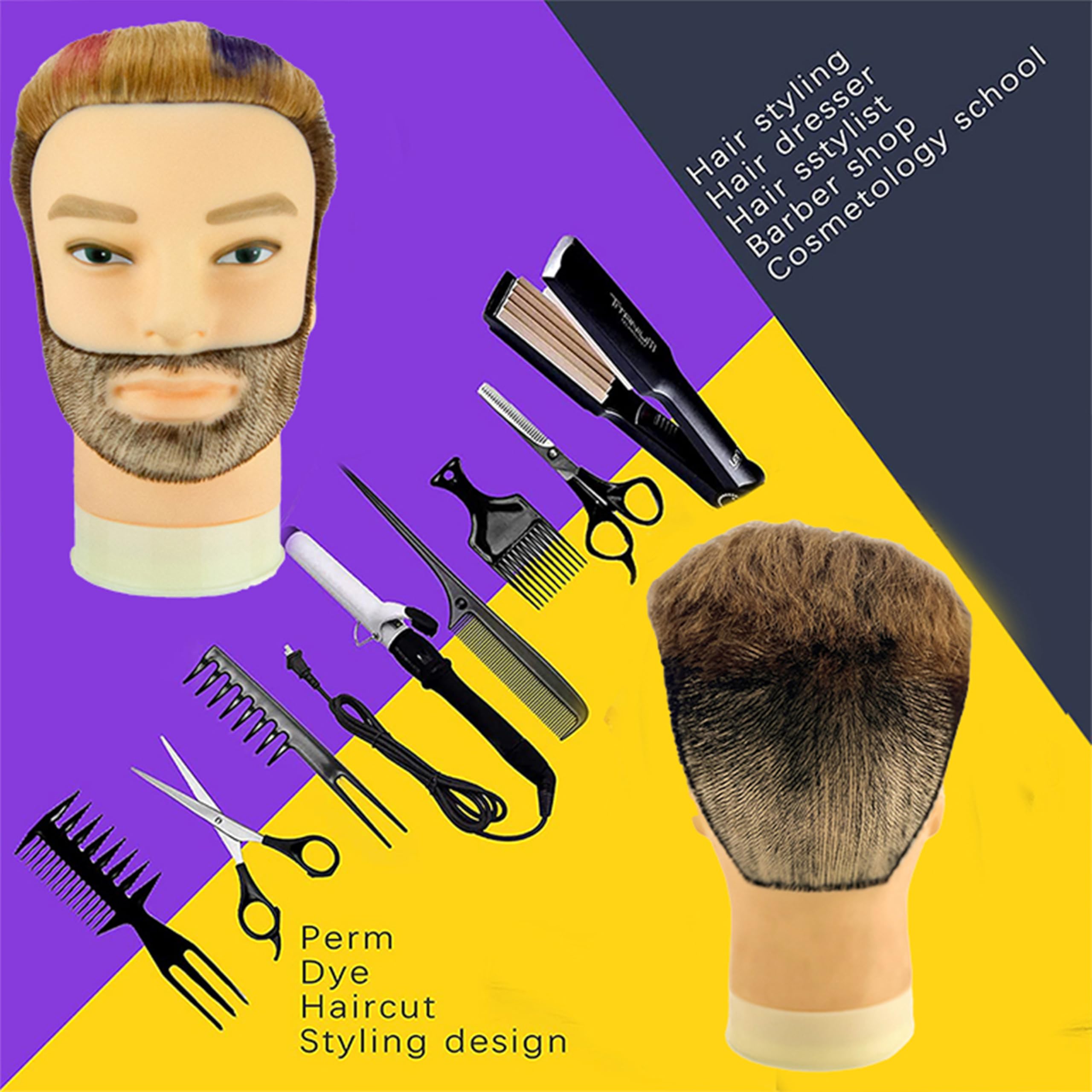 Cabeza de maniquí masculino con barba, 100% cabello humano real, corte de pelo, cabeza de entrenamiento para cosmetología, cabello liso y grueso, cabeza de maniquí con soporte, práctica de corte y 6