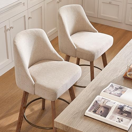 Miniatura 4 de IWOOD Mid Century - Juego de 2 taburetes de bar giratorios de 360 con patas de madera maciza, sillas de isla de 26 pulgadas con respaldo envolvente,