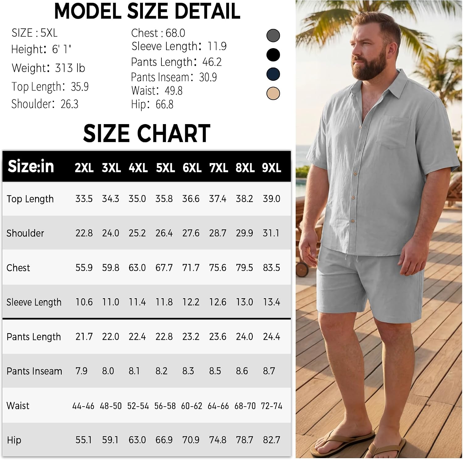 Big and Tall 2 Piece Faux Linen Shirt and Short Sets for Men | lightweight breathable fabric casual vacation outfits for summer beach or daily leisure