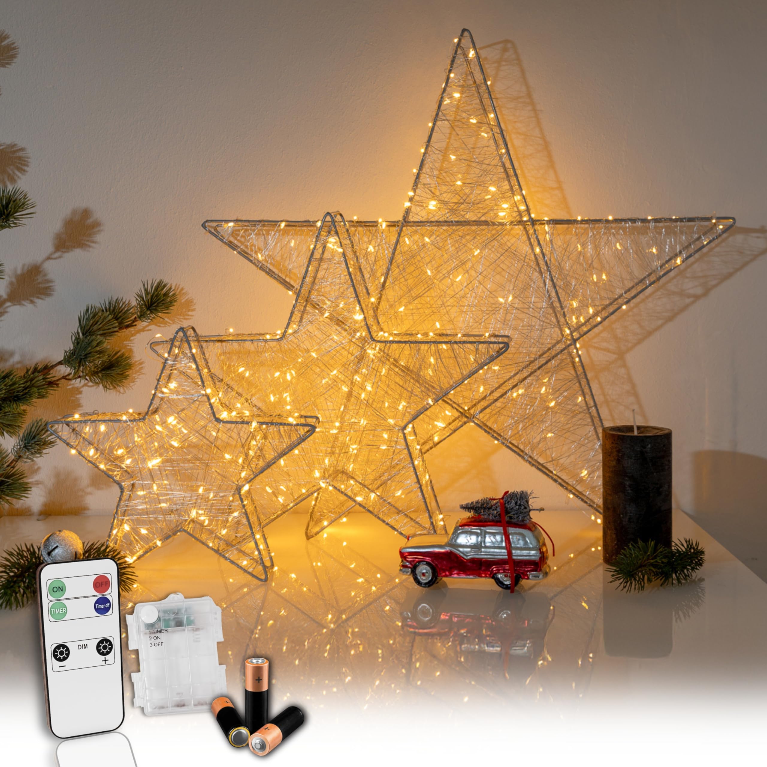 Batteriebetriebener LED Weihnachtsstern silber mit Fernbedienung & Timer - dimmbar - Dekostern beleuchtet mit warmweißen LEDs Innen und Außen Weihnachtsdeko Fensterdeko (Silber, 160 LEDs - B57xH54xT8)