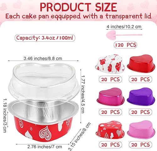 Miniatura 2 de 120 piezas de 3.4 onzas de 3.4 onzas en forma de corazón de San Valentín con tapas y cucharas, mini moldes de papel de aluminio para pasteles,