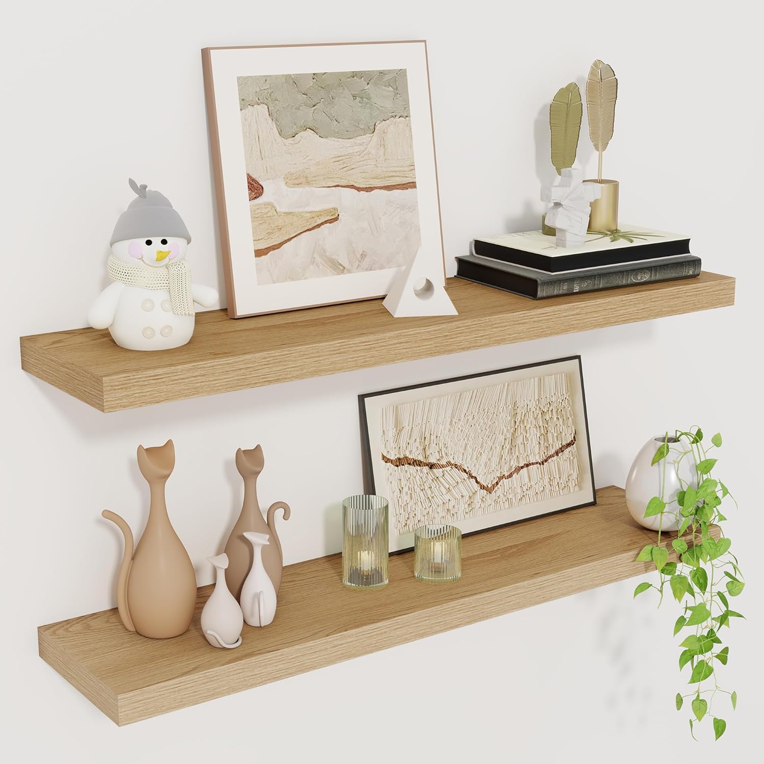 Fun Memories Floating Shelves for Wall, 27.5" Rustic Wood Deep Wall Mounted Shelves with Invisible Brackets for Decor & Storage, Floating Shelf for Living Room, Bathroom (Oak, Set of 2) Oak 27.5"W x 6.5"D, Set of 2