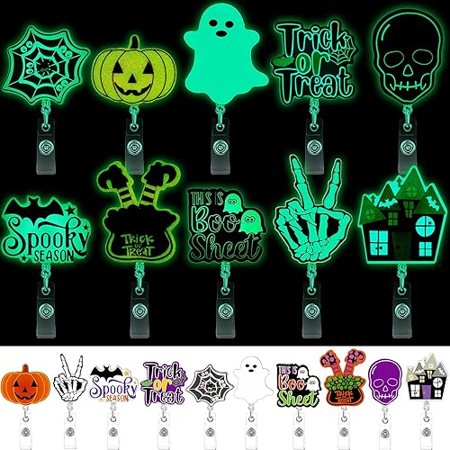 10 carretes de insignias de Halloween que brillan en la oscuridad, carretes retráctiles de Halloween para enfermeras, lindos portatarjetas de