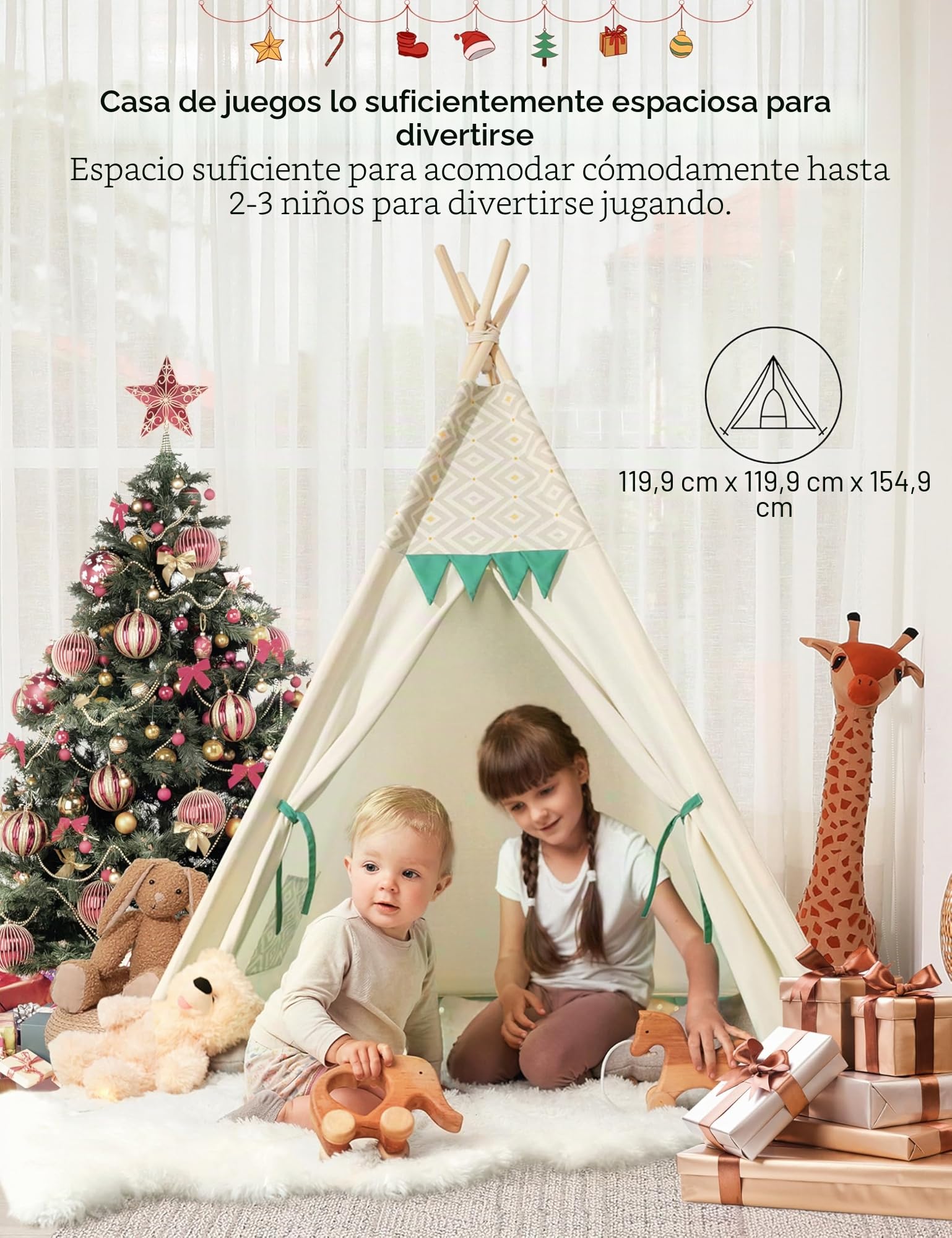 besrey Tipi Infantil Indio para Niños Tienda de Campaña Infantil Canvas Tipi de algodón con Alfombra Acolchado y Luces de Hadas (Verde y Blanco)