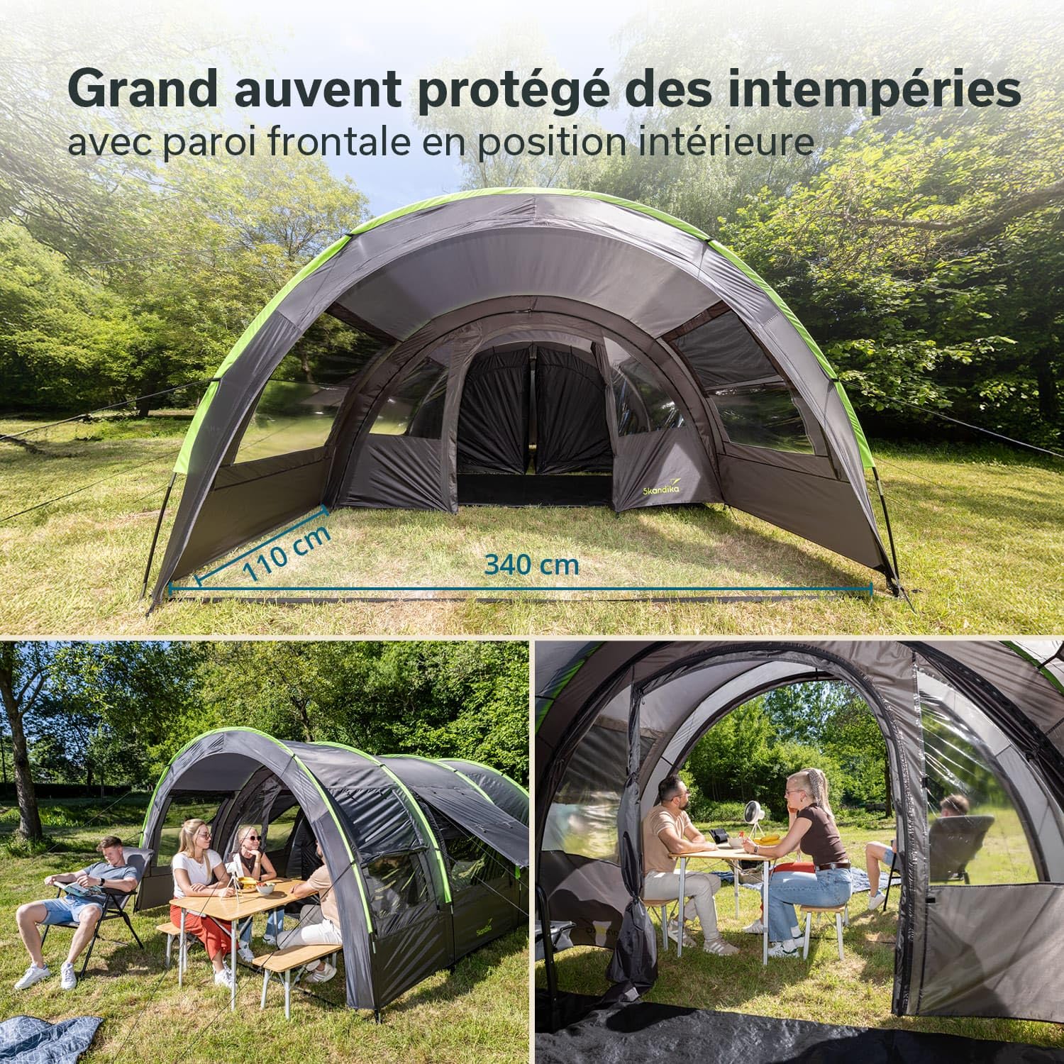 Skandika Tente tunnel Kemi pour 4 personnes | Tente de camping, 2 cabines de couchage, hauteur 2 m, 4 places, colonne d'eau 3000 mm, paroi frontale amovible, auvent | Tente de camping, tente familiale