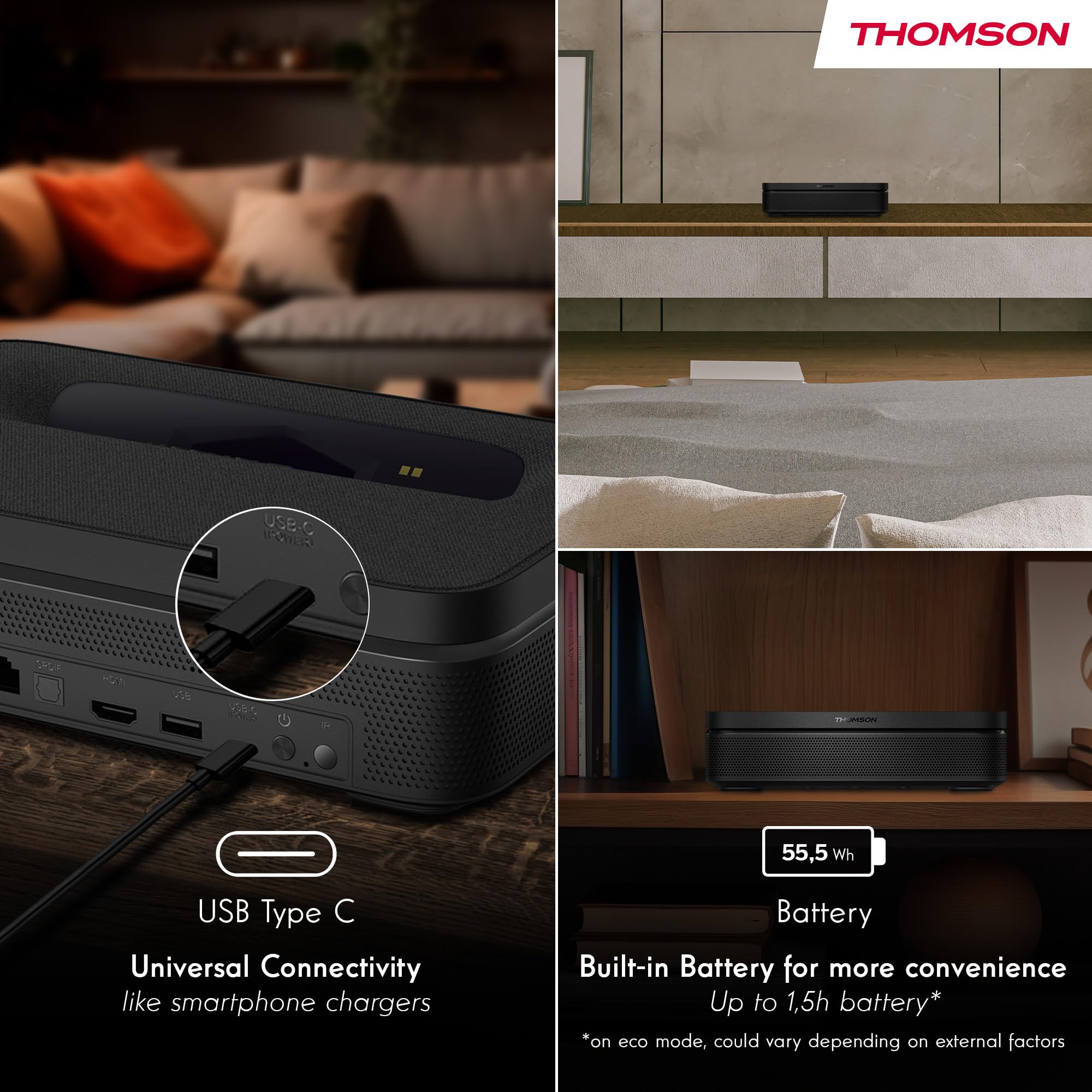 Thomson Sirius PG55B Proiettore Laser RGB Smart, Ottica Ultra-Corta, Full HD 1080p, Google TV, 600 ANSI, Auto Focus, HDR10+, Dolby Digital+, Batteria, WiFi, Bluetooth