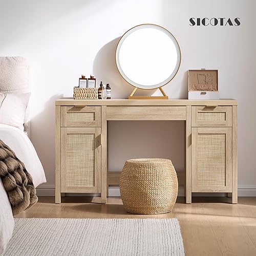 Miniatura 6 de SICOTAS Tocador de Ratán para Oficina en Casa - 52" Gran Mesa Tocador de Maquillaje Estilo Granja Bohemio con 3 Cajones y 2 Gabinetes