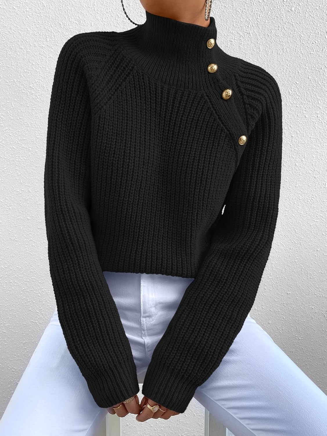 Women's Sweater High Neck Raglan Sleeve Sweater Sweater for Women (Color : Black, Size : Small)