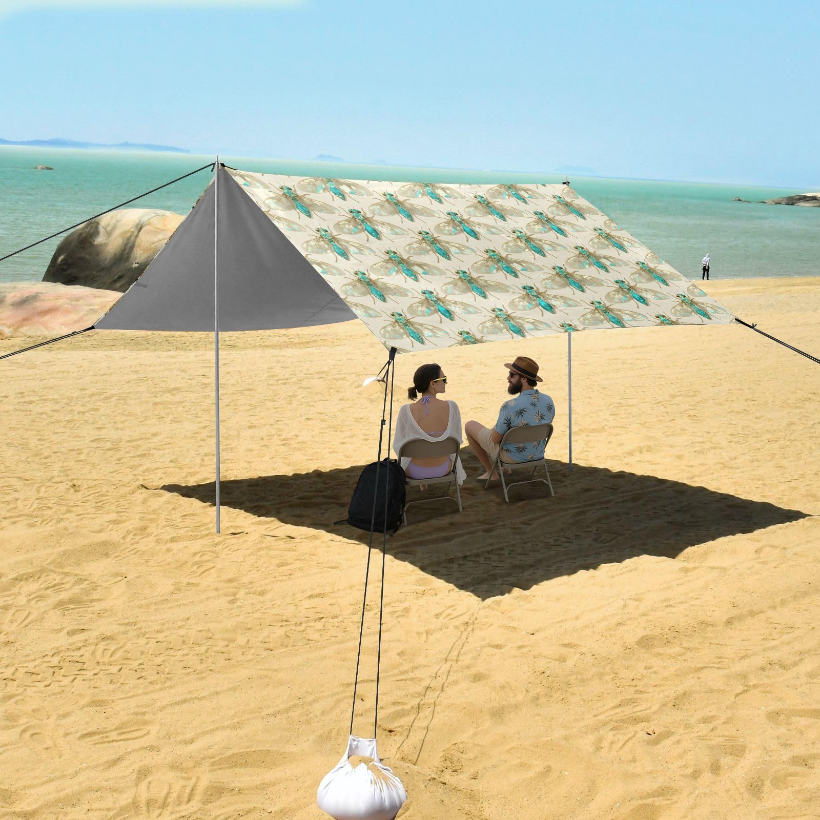 Grand pare-soleil bleu Cicada UPF50 facile à installer avec pelle à sable pour le camping, la pêche, le plaisir dans le jardin ou les pique-niques