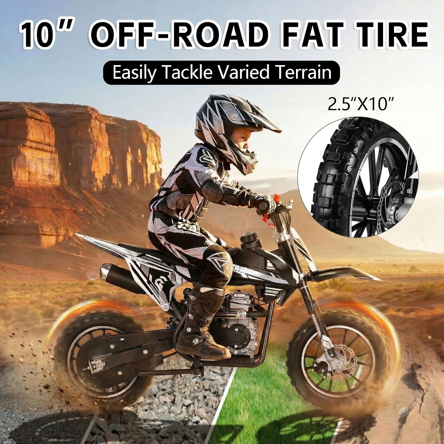 50cc Kids Dirt Bike, 4-Stroke Gas Dirt Bike for Kids 8-14 with 2.5-10" Off Road Tires, Mini Pit Bike 25MPH & 18.8 Miles Long Range with Front and Rear Suspension & Dual Disc Brakes, Black