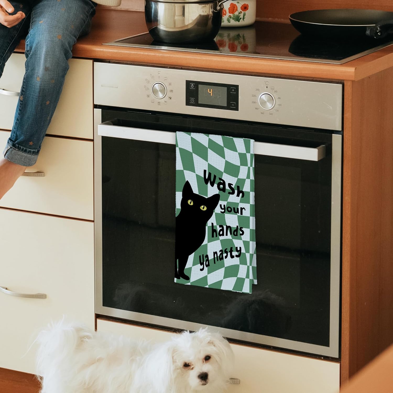 Funny Green Black Cat Bathroom Kitchen Towels Gifts for Cat Lovers, Wash Your Hands Hand Towels for Bathroom Kids Boys, Cute Trendy Decorative Dish Towels Decor for Playroom Dorm 16x24in - Image 4