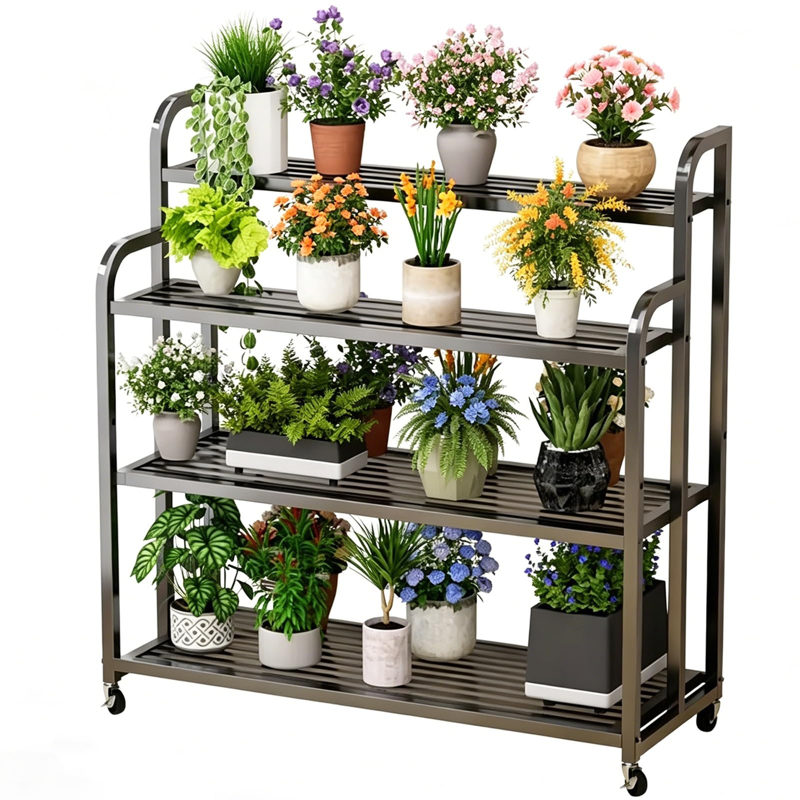 Supporto per piante da esterno in metallo nero a 4 livelli con ruote, supporto per fioriera per organizer per scaffali per scaffali per vasi da fiori(120x40x120cm)