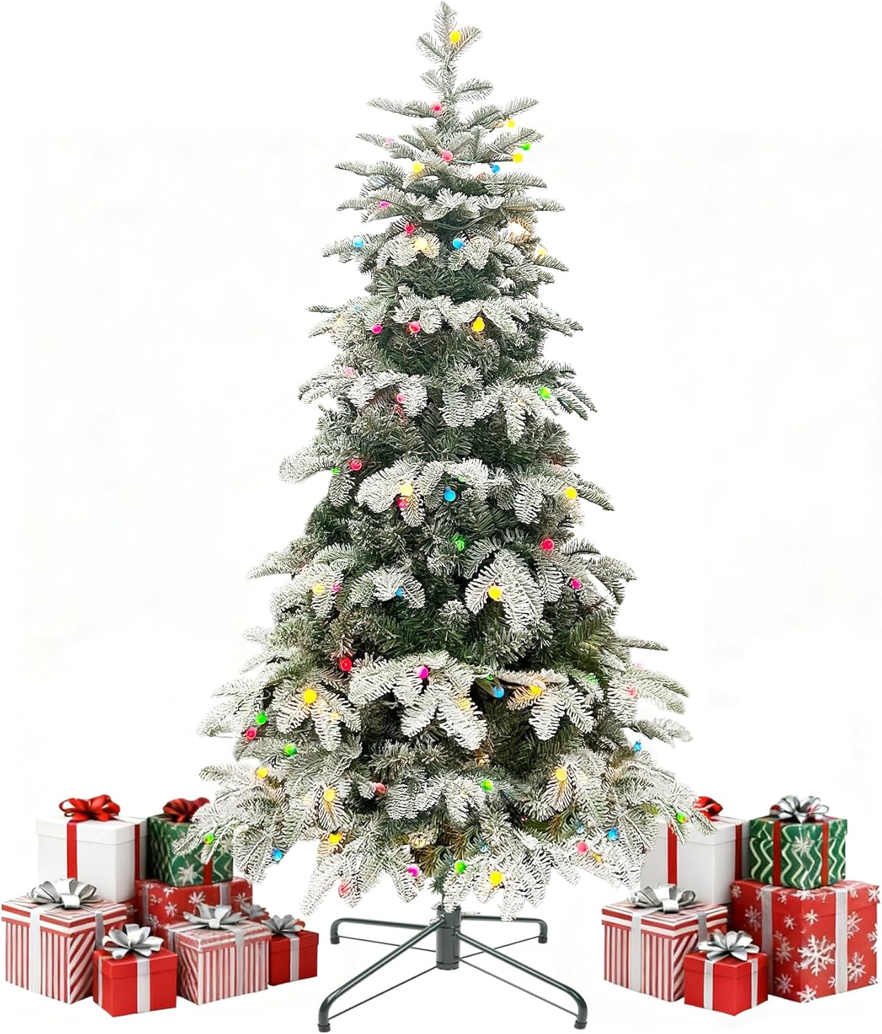 5ft Prelit Christmas Tree, Artificial Snow Flocked Christmas Tree with 140 Multicolor Lights, PE & PVC Mixed Layered Christmas Trees with Metal Stand, Xmas Tree for Holiday Decor Flocked-5ft