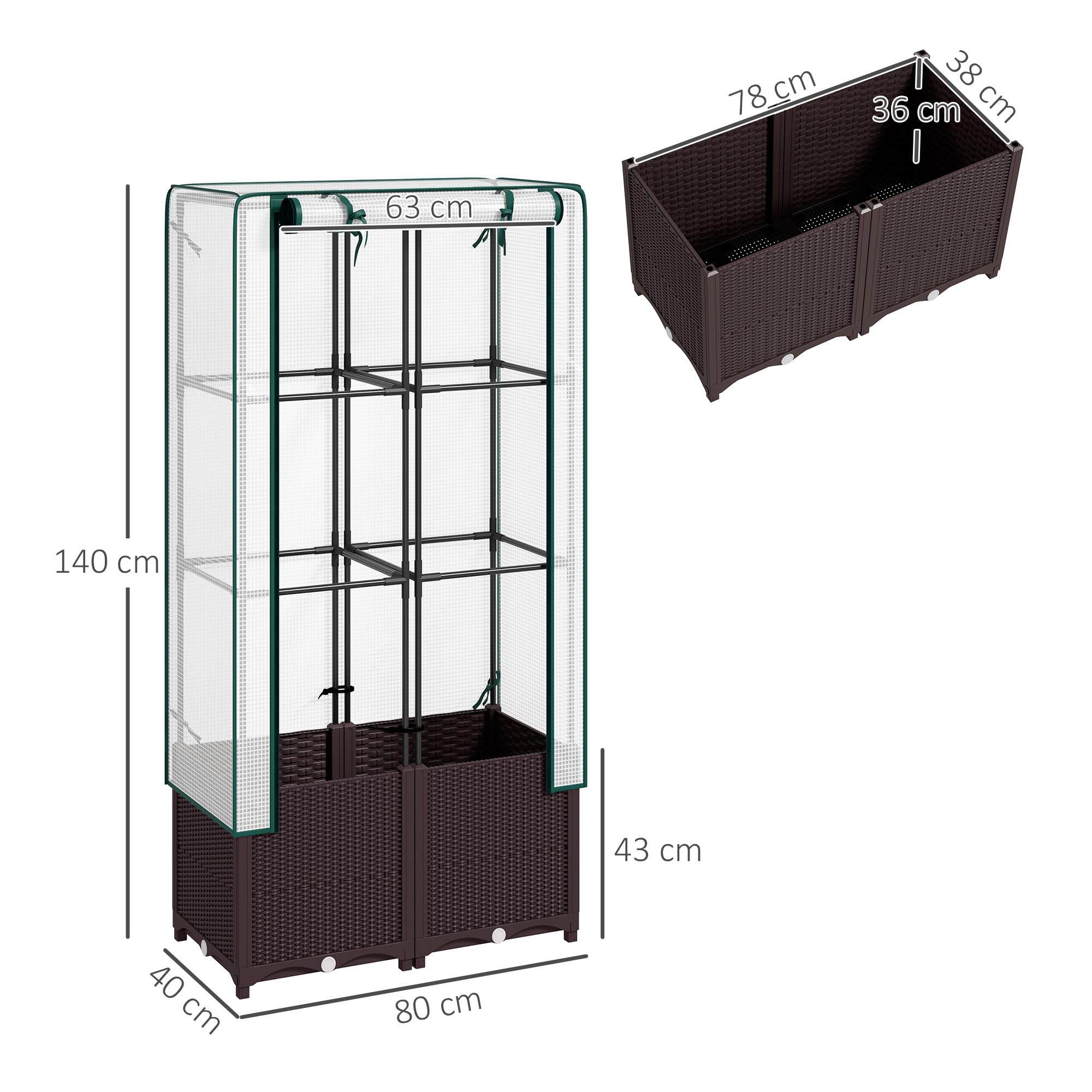 Outsunny Jardinière surélevée avec treillis, jardinière en plastique avec couvercle en polyéthylène, trous de drainage, bouchons de vidange et réservoirs d'eau pour plantes grimpantes, légumes, fleurs
