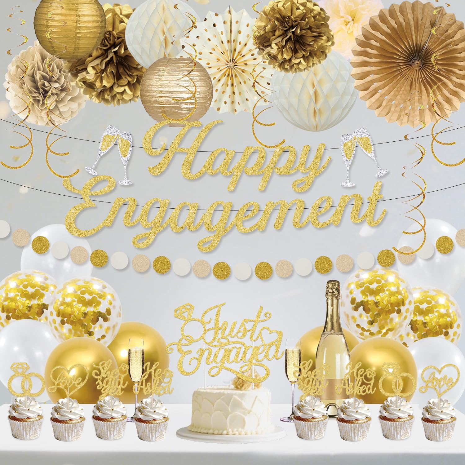 Champagne Gold Engagement Party Decorations ，Pre-Strung Glitter Happy Engagement Banner, Cake Topper，Cupcake Toppers，for Almost Married/Just Engaged Photo Background Decor - Image 6