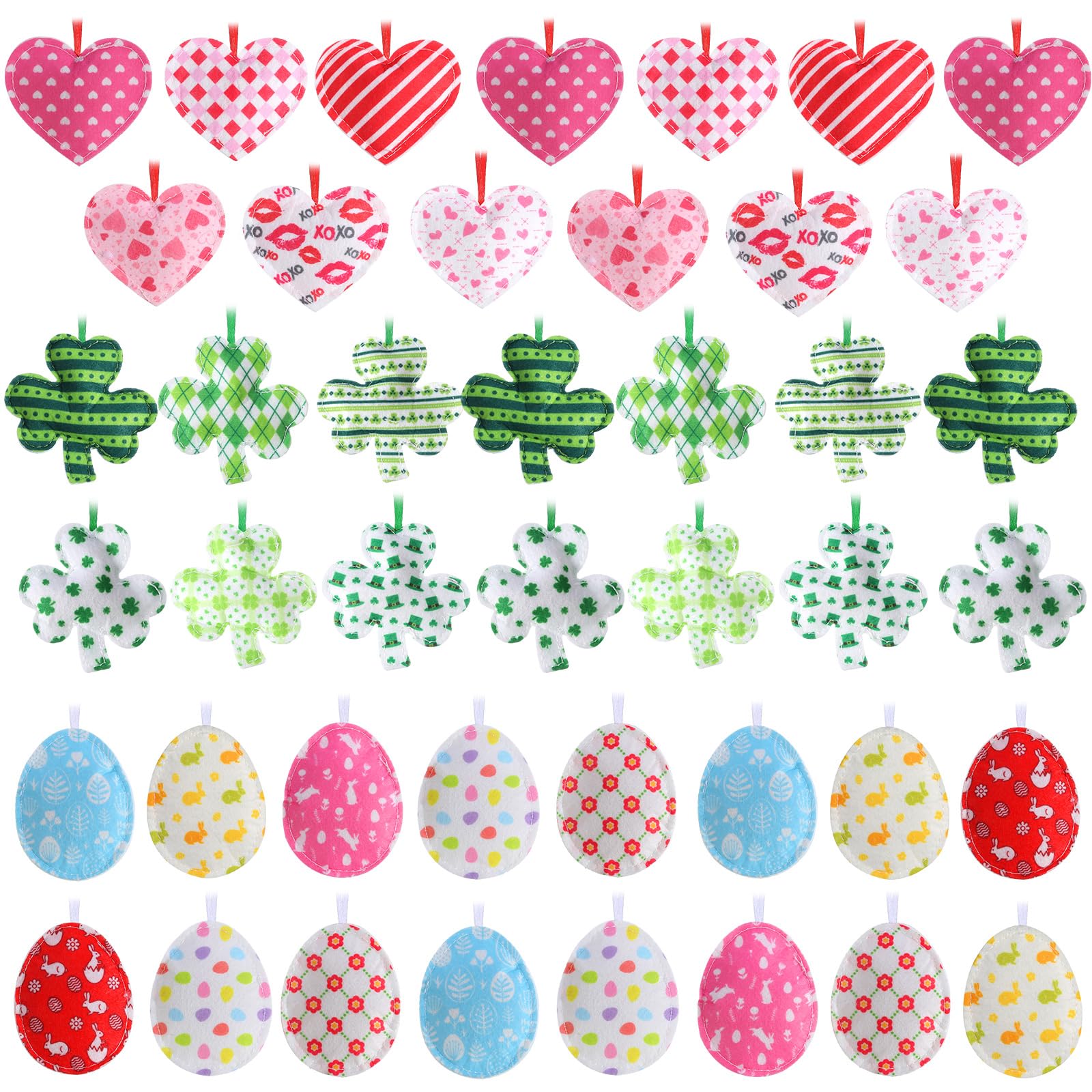 Jutom 108 Pcs St. Patrick's Day Shamrocks Hanging Easter Egg Heart Ornaments Bulk Felt Valentine's Day Decorations Heart Baubles for Tree Wall Irish Party Favor Gift Supplies (Cute)