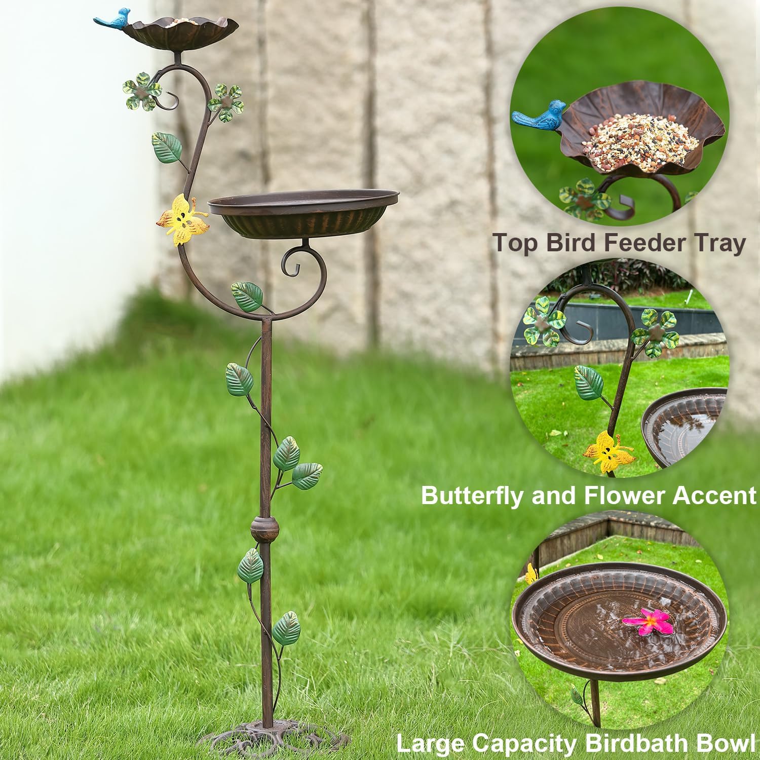 Vogeltränke aus Metall für den Außenbereich, 111,8 cm Höhe, Gusseisen, Podest, Vogeltränke und Futterspender, Vintage, robuste, robuste Vogeltränke, hohe Florale Akzente, Vogeltränke für