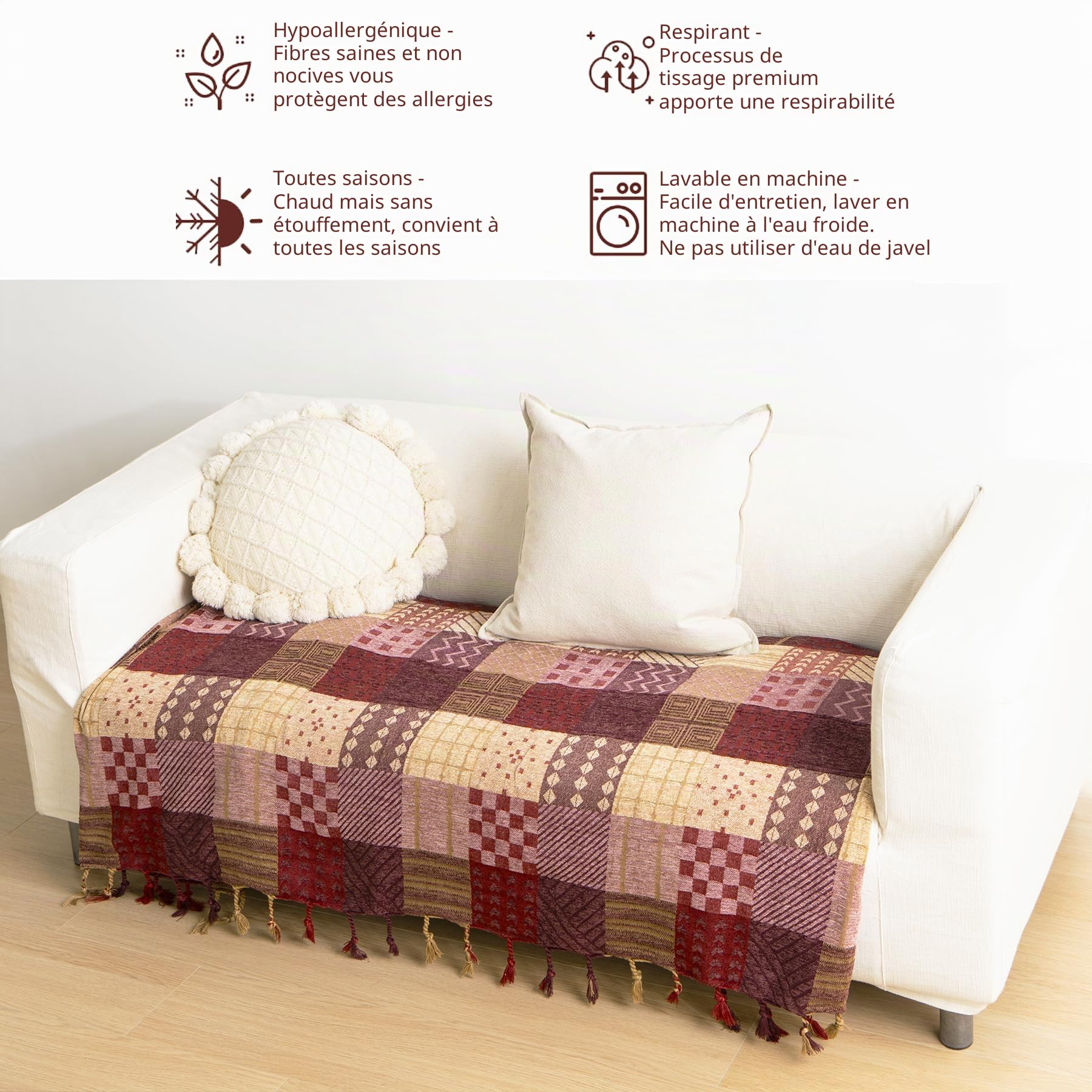 VANJOROY Plaid de canapé-lit 100% chenille bohème grand pour 2 3 places - Plaids extra larges pour canapés, plaid patchwork doux pour canapé, comme couvre-lit, tapis, lit, cadeaux - 220x260cm, rouge