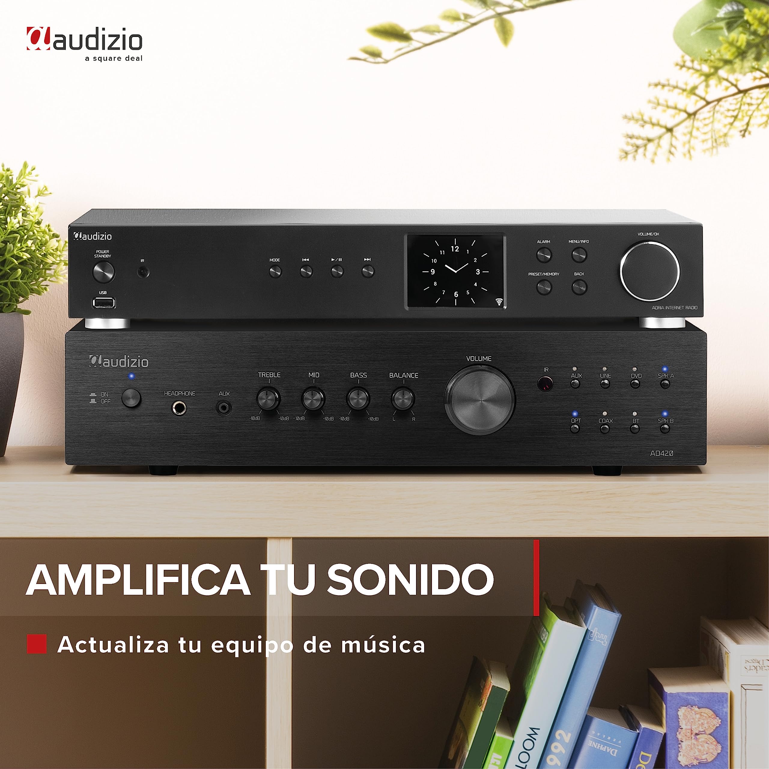 Audizio AD420B Amplificador Hi-FI de 400w (4 Canales x 100w) y Bluetooth, 1 Salida subwoofer, Salida óptica y coaxial, 2 Salidas de Altavoz, MP3, EQ, Ideal para Escuchar tu música, Color Negro