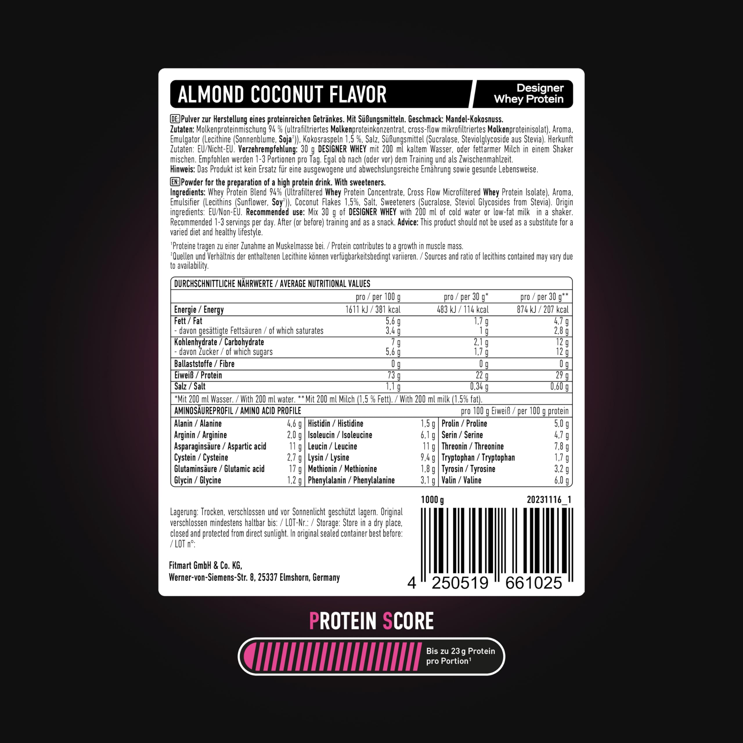 ESN Designer Whey Protein in polvere, Mandorla-cocco, 1 kg, fino a 23 g di proteine per porzione, ideale per la crescita e il mantenimento della massa muscolare - prodotto in Germania