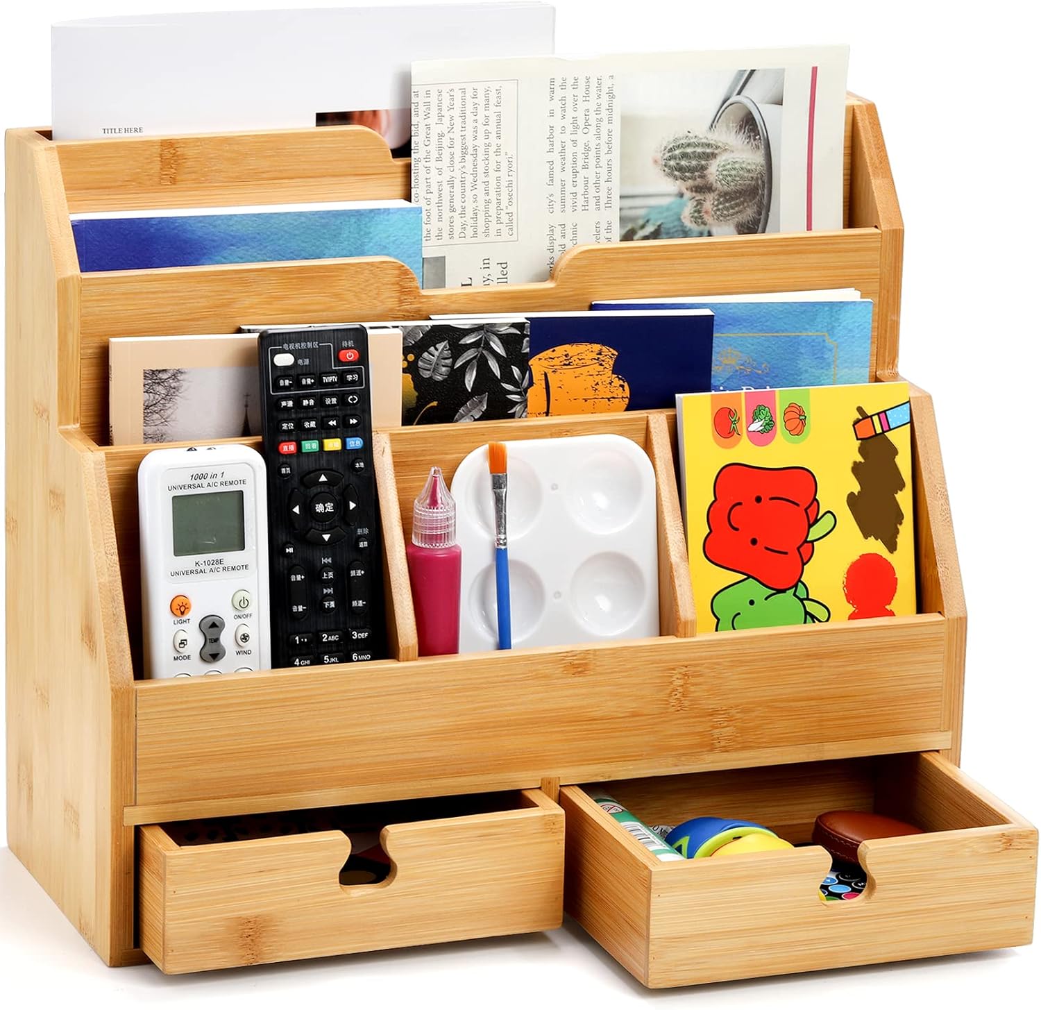 Youeon Bamboo Desk File Organizer with 6 Compartment & 2 Drawers, 14x11x6 Inch
