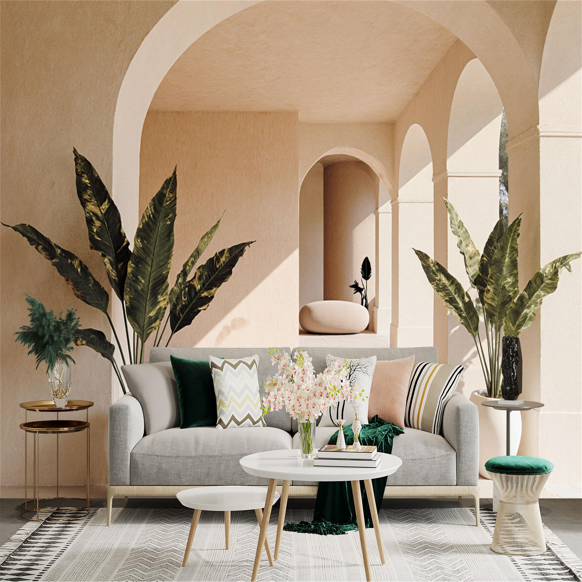 Custom Size Wall Sticker Mural， Mediterranean Architectural Archway， Beige Toned Hallway， Tropical Potted Plants， Minimalist Interior Style， for wall Decoration， peelandstick wall Decals.