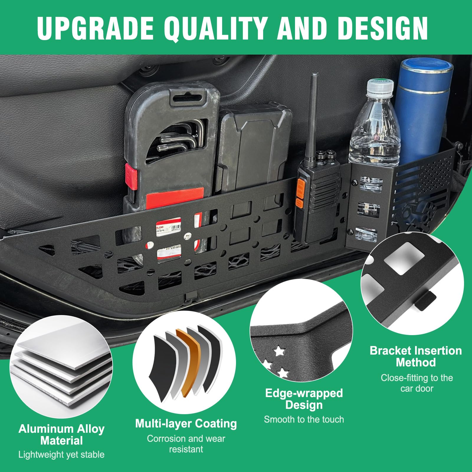 HOCHO Pasuje do kieszeni do przechowywania drzwi Jeep, ulepszona +40% miejsca do przechowywania, aluminiowa przestrzeń do przechowywania drzwi wejściowych, pasuje do akcesoriów Jeep Wrangler JL, JLU