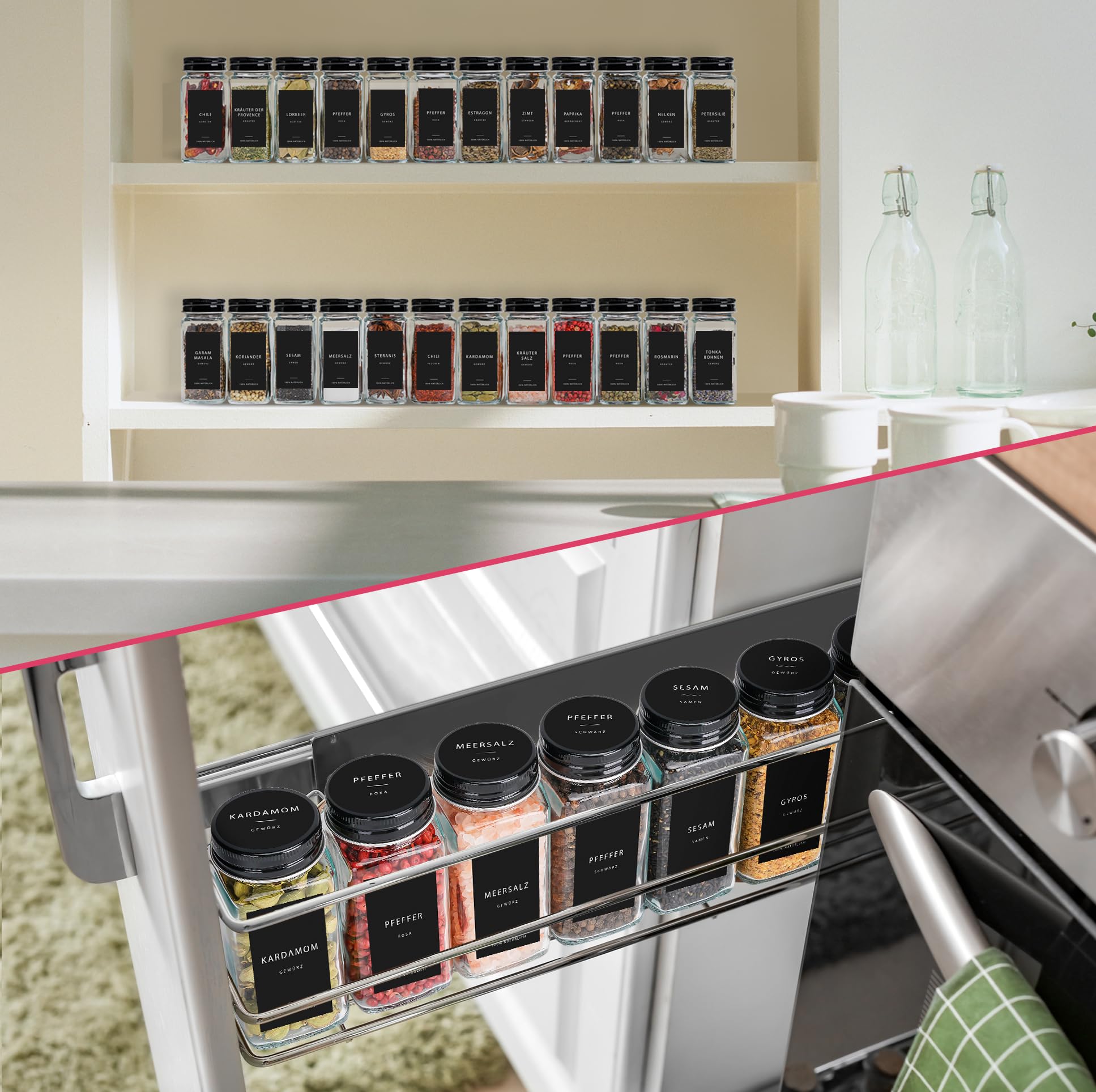 Gewürzgläser Set [24 x 120ml] mit 301 Etiketten auf Deutsch | Matte Deckel in Schwarz | Gewürzbehälter mit Metalldeckeln & Streueinsatz. Gewürzgläser Eckig, 24er Set