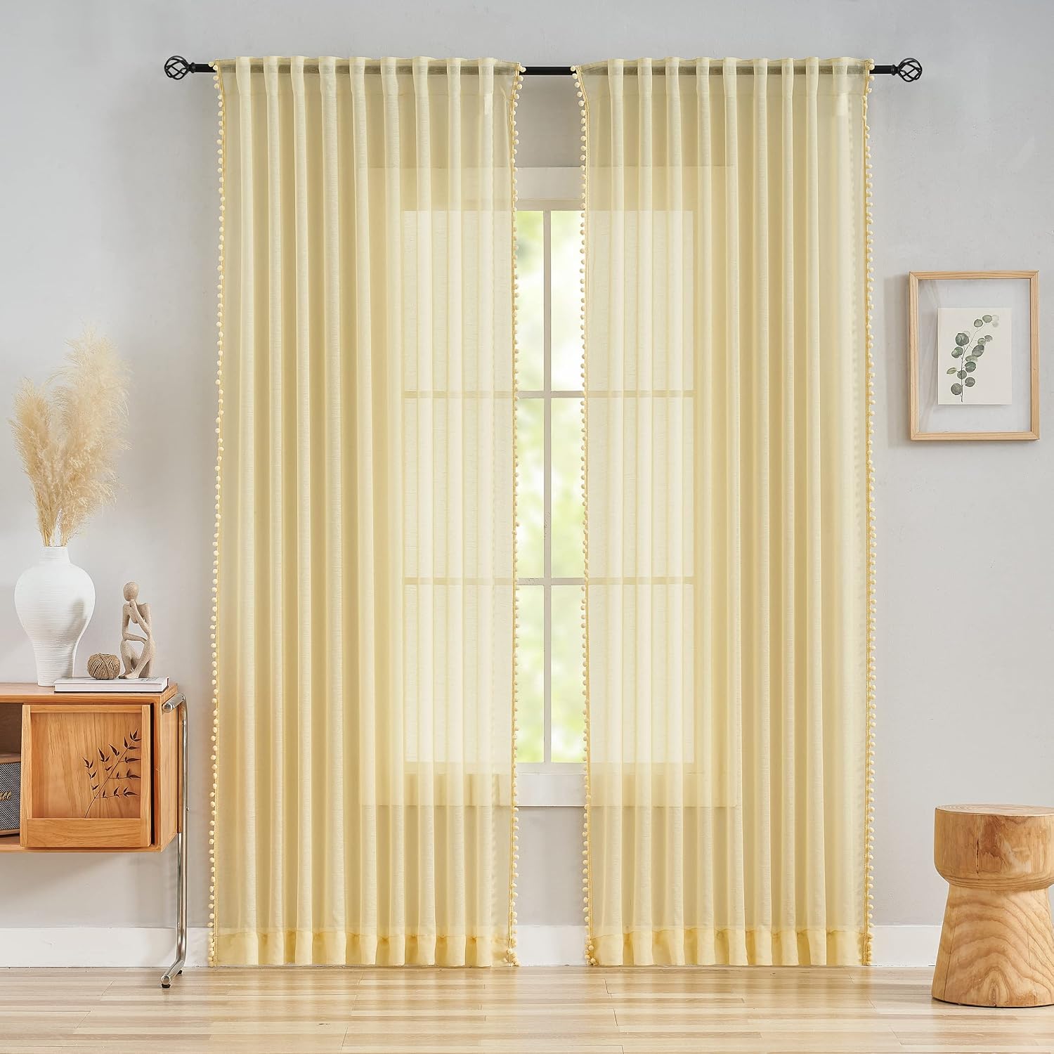 Pom Pom Yellow Sheer Curtains for Girls Children's Bedroom 54 Inch Pencil Pleat Tape Top Linen Texture Voile Curtains Light Filtering & Privacy Window Curtain Set for Basement Laundry 52" W 2 Panels - Image 3