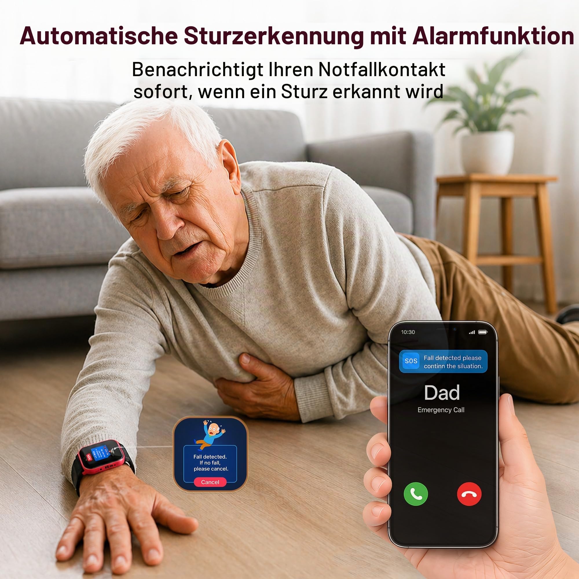 4G Senioren Smartwatch mit SOS Notruf, Sturzerkennung, Videoanruf und GPS Ortung in Echtzeit, GPS Uhr für Senioren, SIM Karte Erforderlich (Rot)