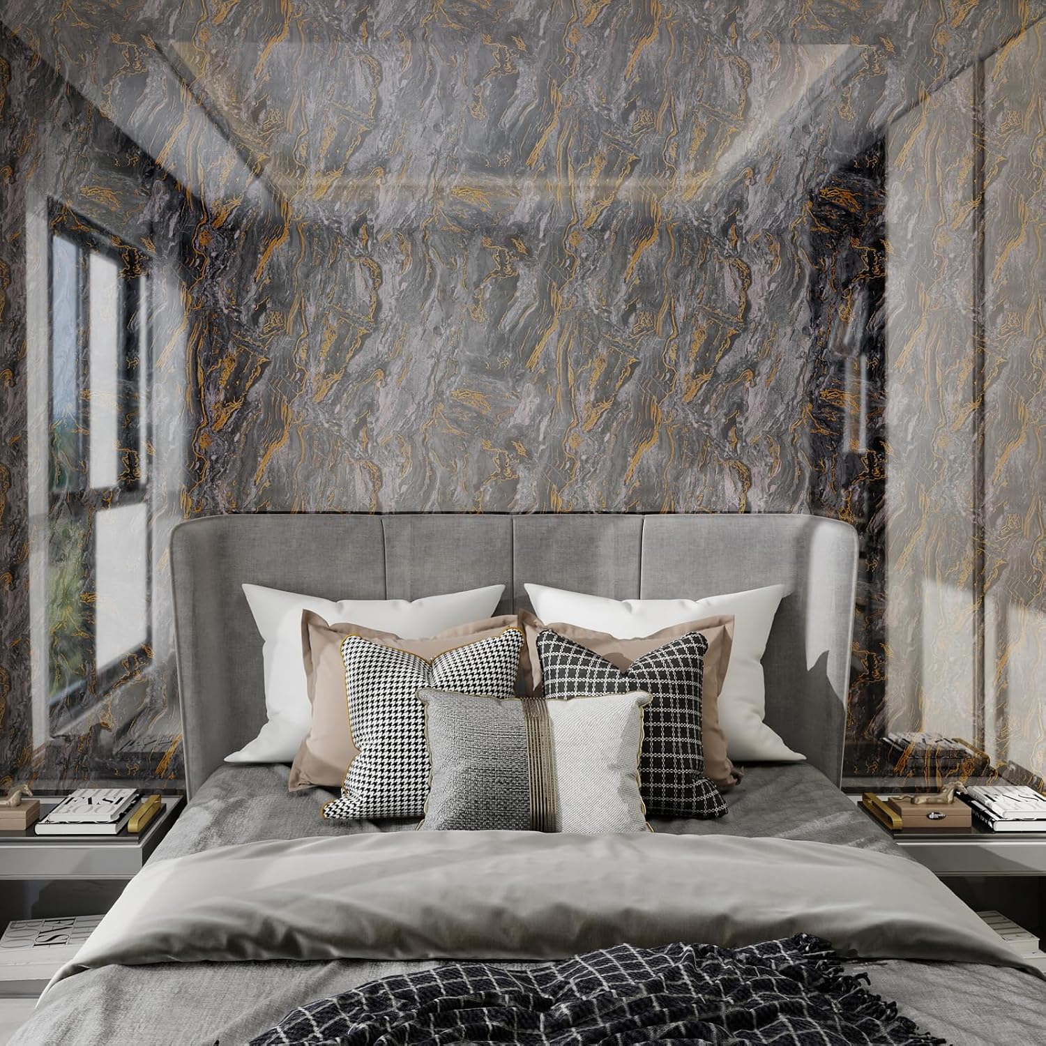 Yun-aeon Thick Marble Contact Paper for Countertops 23.6"x 196.8" - Grey and Gold Glossy Peel and Stick Wallpaper Self-Adhesive Removable Countertops for Kitchen Bathroom Cabinets