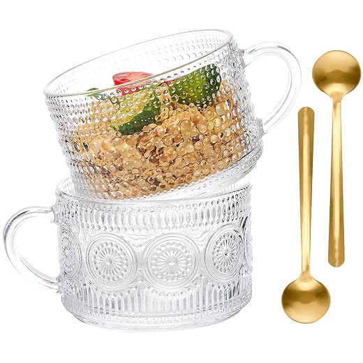 Moretoes 2 Pack Vintage Coffee Mugs, Oats Containers with Spoons, 14oz Clear Embossed Glass Tea Cups for Cappuccino, Latte, Cereal, Yogurt, Beverage Christmas Thanksgiving Day Gifts