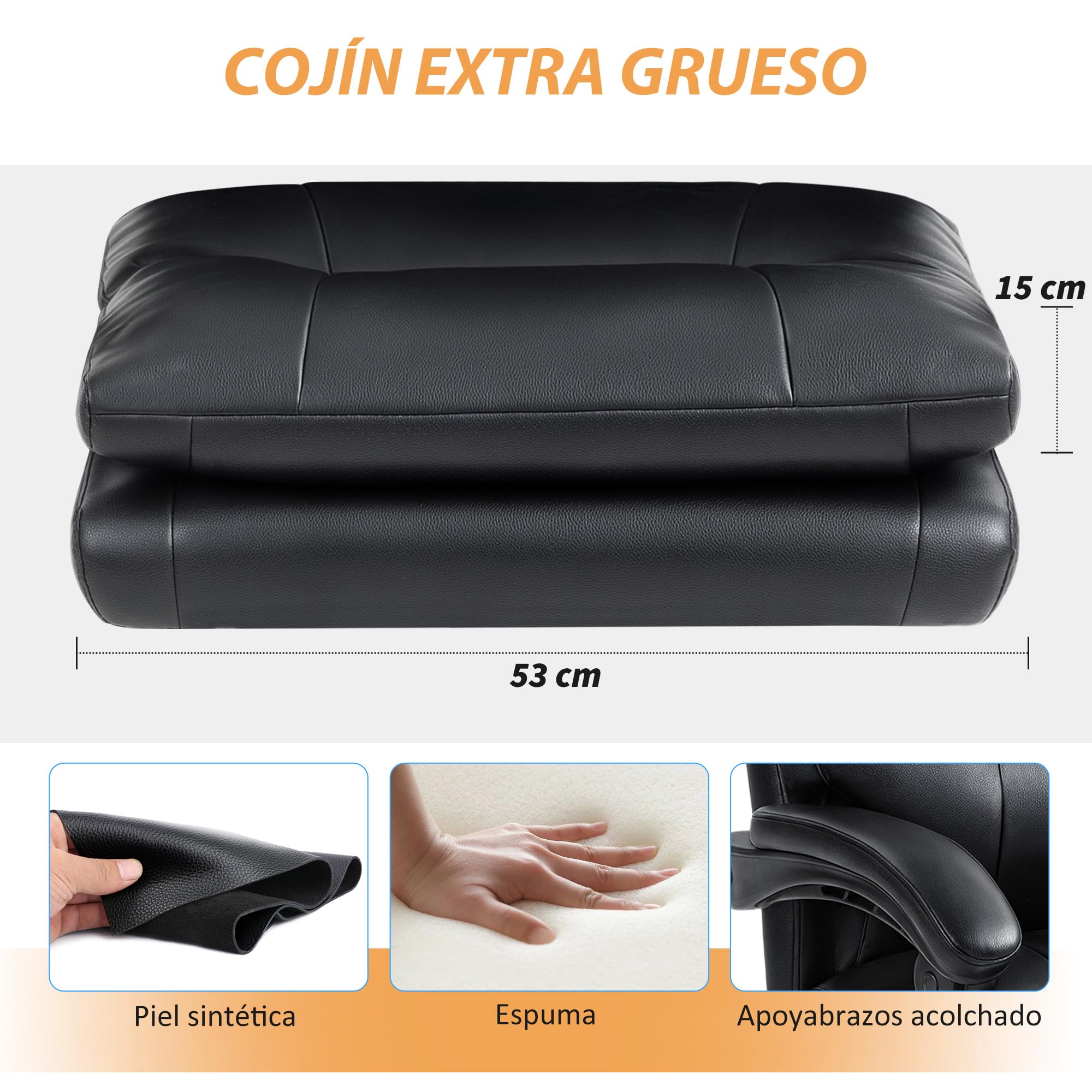 HOMCOM Silla de Escritorio con Soporte Lumbar Inflable, Tapizada en PU, Silla de Oficina Giratoria con Reposapiés, Respaldo Reclinable, Respaldo Alto, Altura Ajustable, Negro