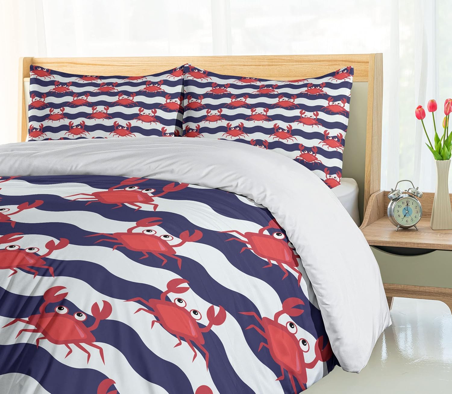 Ambesonne Crabs Duvet Cover Set, Nautical Maritime Theme Crabs on Striped Background Illustration Print, Decorative 3 Piece Bedding Set with 2 Pillow Shams, King Size, Red Blue King Red Blue