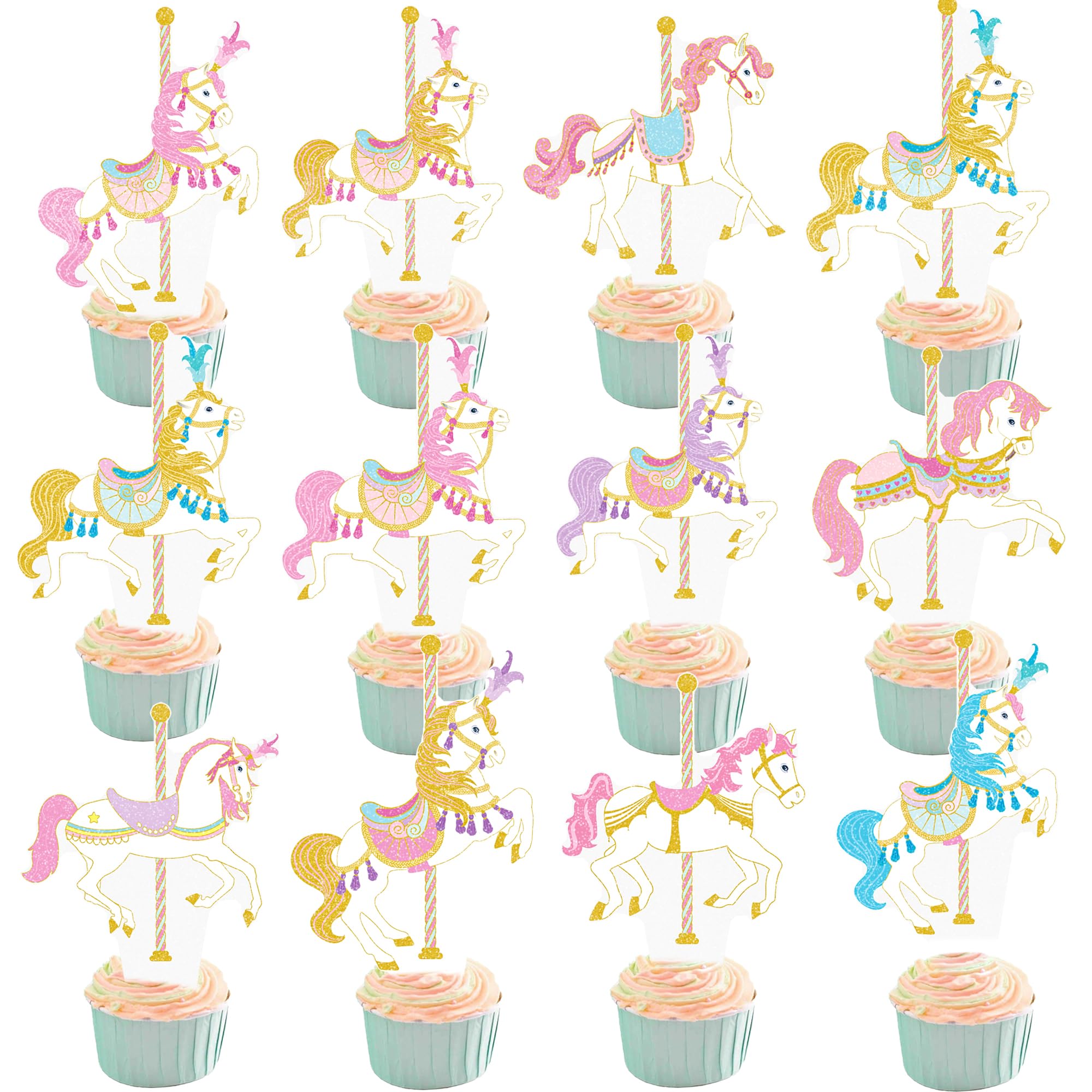 Carousel Horse Cupcake Toppers 48Pcs Carousel Horse Party Cake Decorations Carnival Carousel Horse Cupcake Picks Horse Birthday Party Supplies for