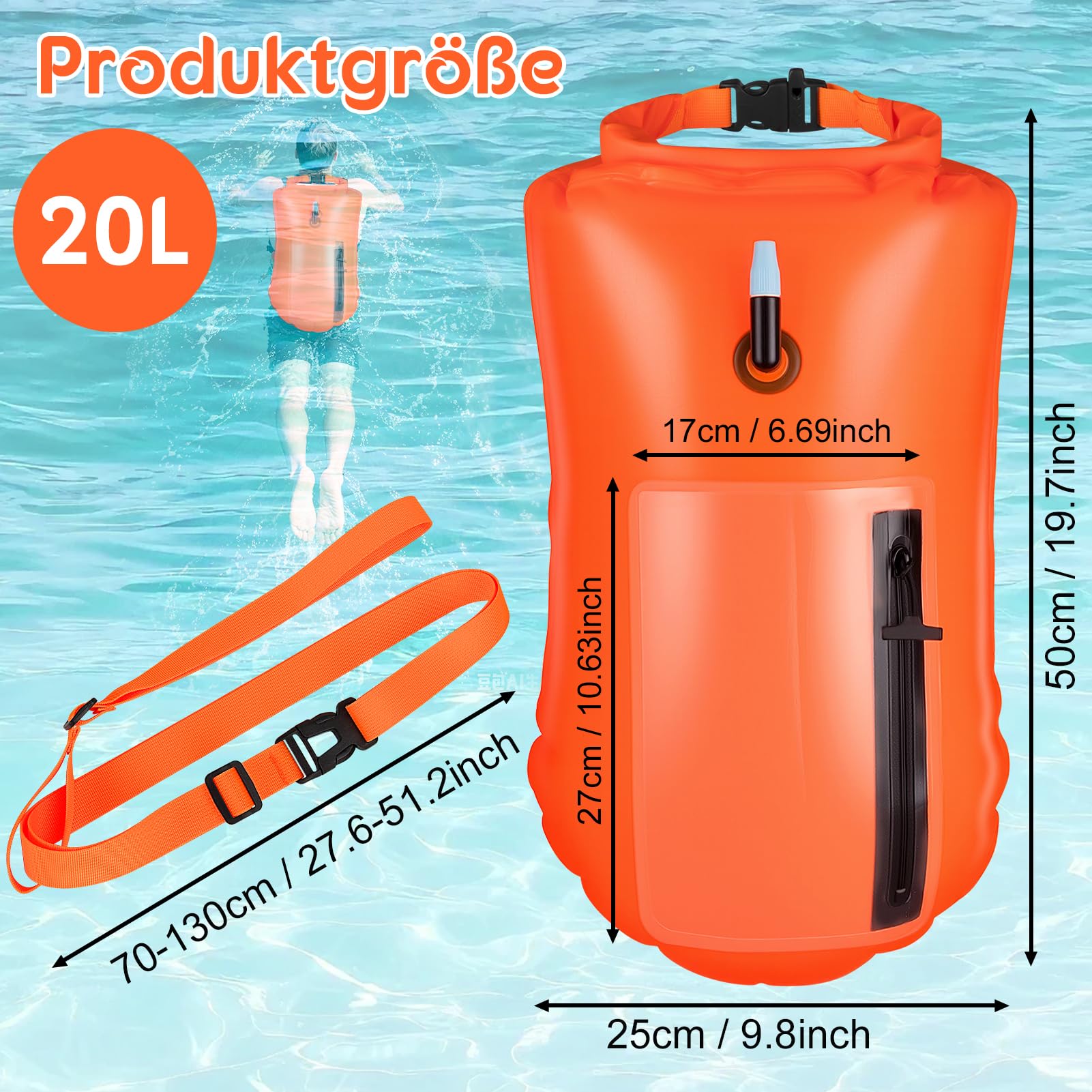 Kiiwah 20L Freiwasser Schwimmen Boje für Erwachsene und Kinder, Aufblasbare Schwimmboje mit Trockentasche Boje für Schwimmer PVC Dry Bag Hohe Sichtbarkeit Schwimm Bojen für Open Water und Triathlon