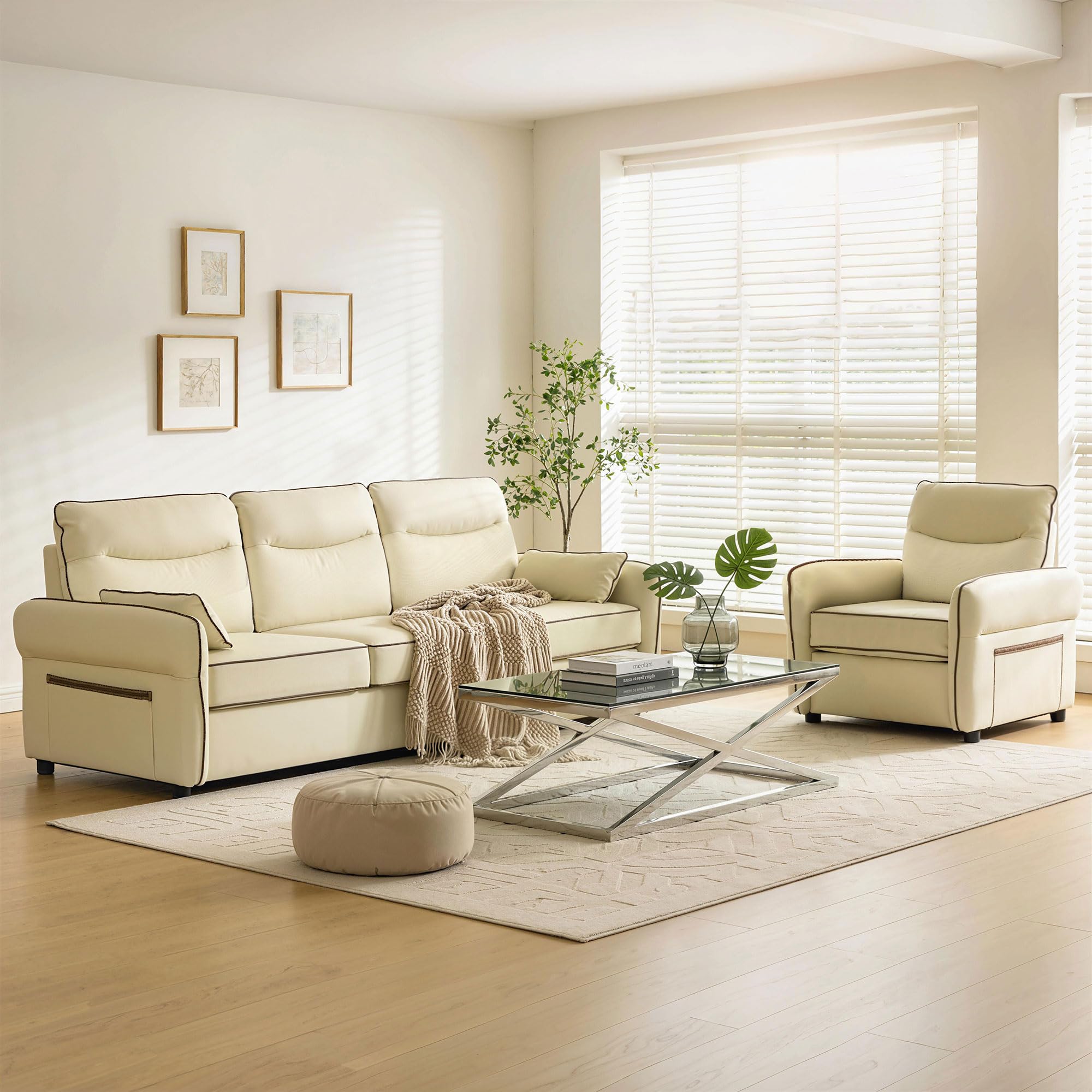 HOMCOM Sofá de 3 Plazas Tapizado en Cuero Sintético 190x83x90 cm Beige | Sofá de Salón Moderno, Acolchado Grueso, Asiento Ancho, Reposabrazos y Bolsillo Lateral, Montaje Rápido, 2 Almohadas