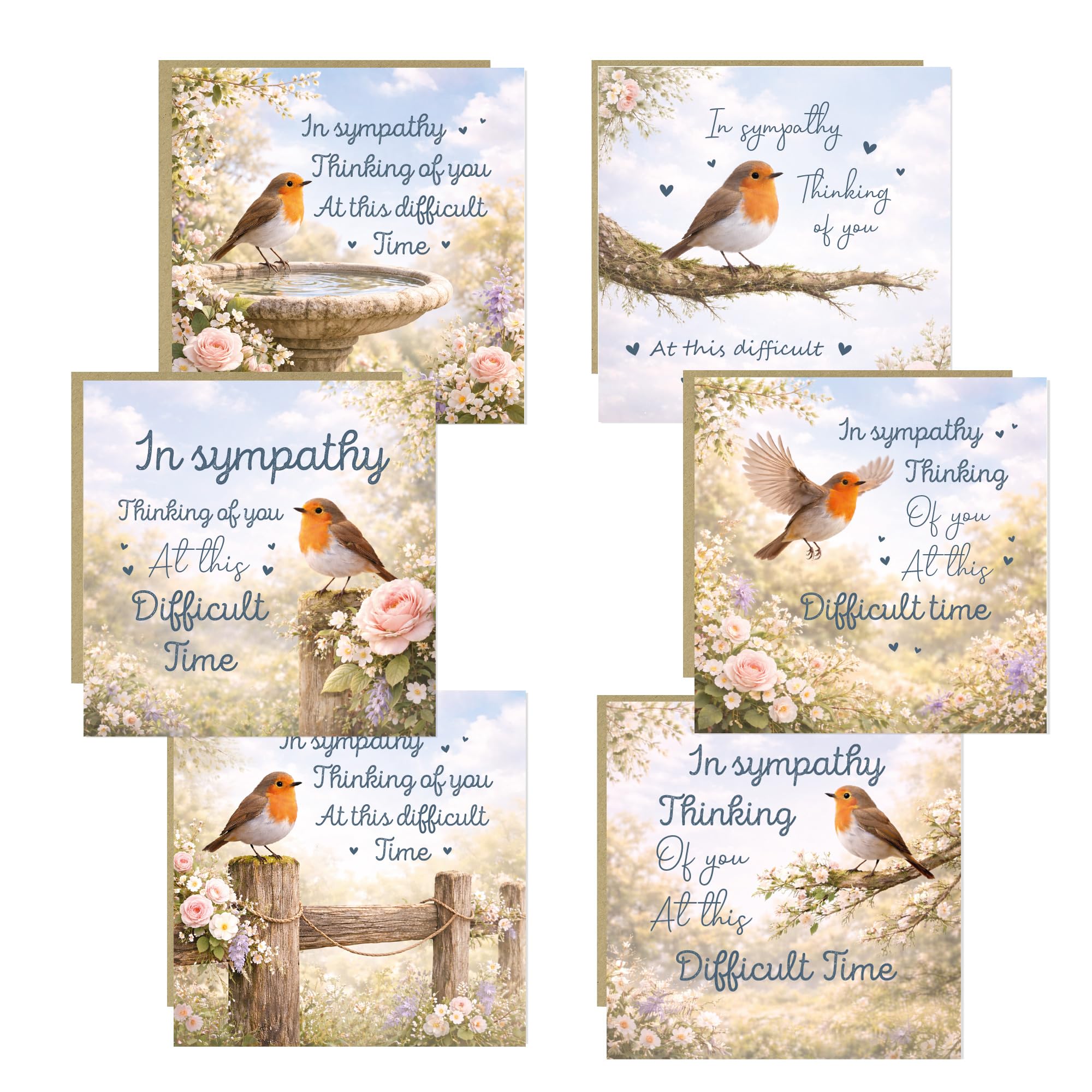 RED OCEAN Pack of 6 Sympathy Cards with Envelopes, Luxury Floral Condolence Card Set, Bereavement Thinking of You Cards, Blank Inside, Premium 350gsm Square Cards 14.5cm x 14.5cm
