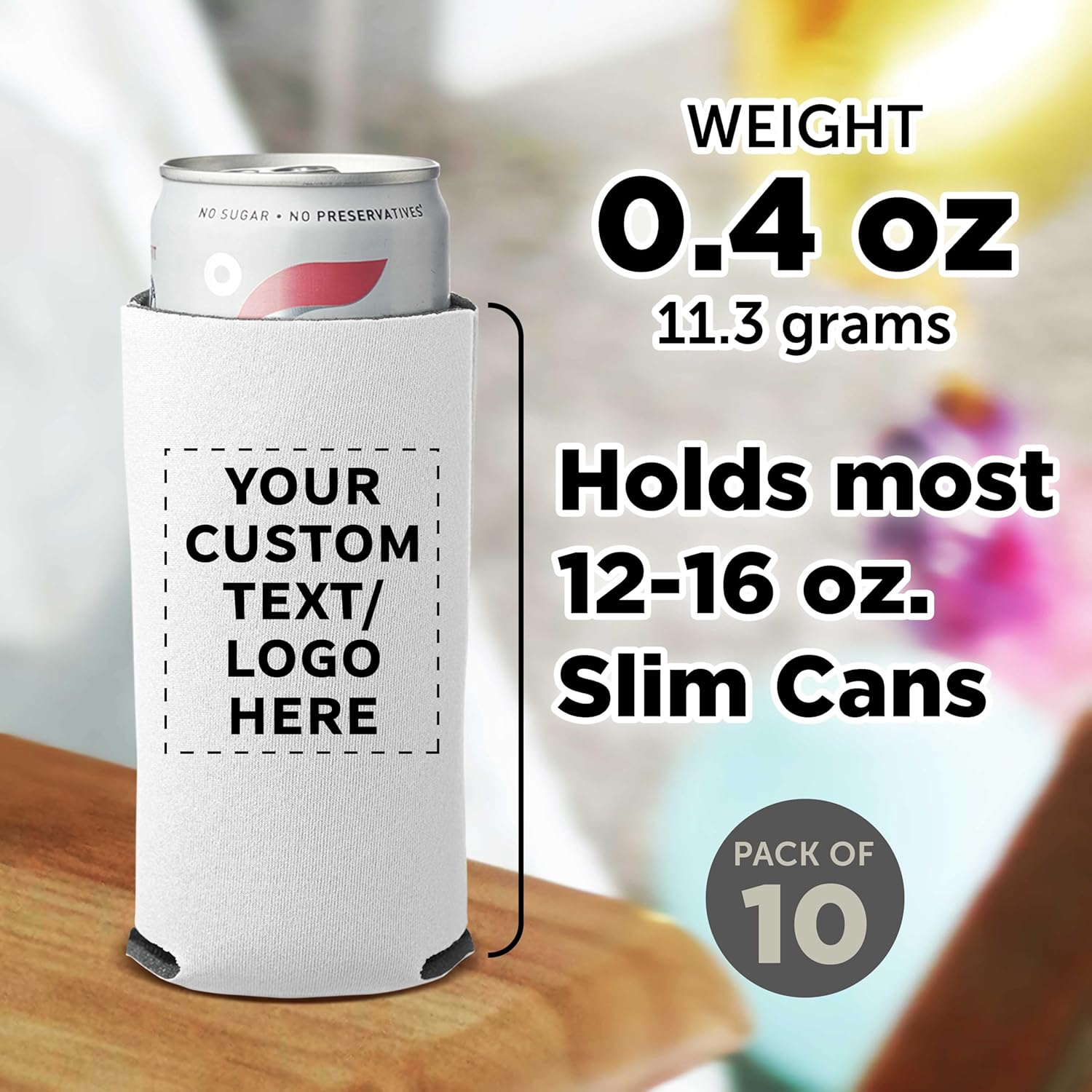 DISCOUNT PROMOS Custom Collapsible Slim Can Coolers Set of 10, Personalized Bulk Pack - Holds Most 12 to 16 oz. Slim Cans, Insulated Cooler, Portable and Lightweight - White