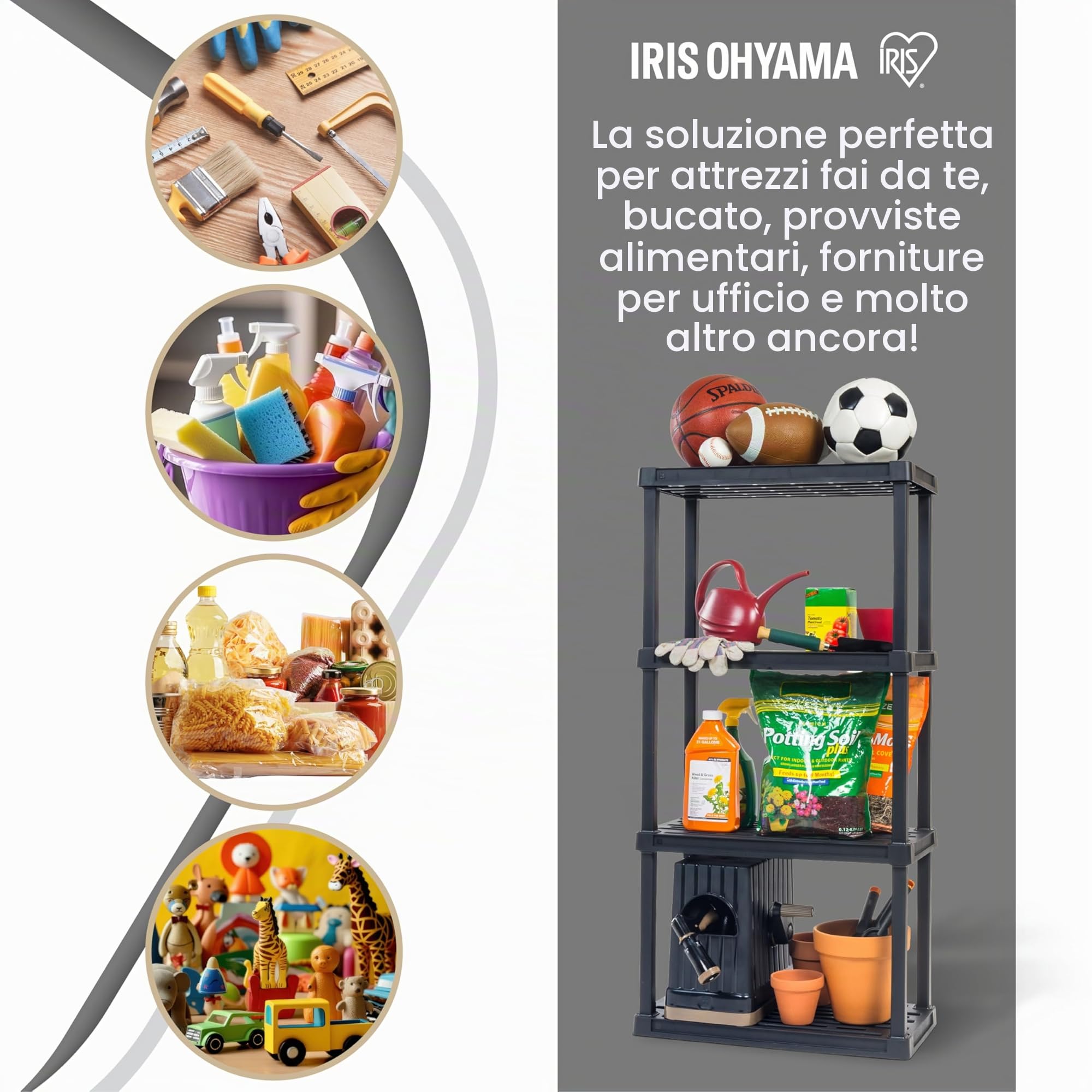 Iris Ohyama, Set di 2 Scaffali in plastica resistente, capacità di 100 kg, facile da montare, 4 ripiani, senza BPA, ripiano per garage, cucina, spazio di lavoro, PRS-M4, nero