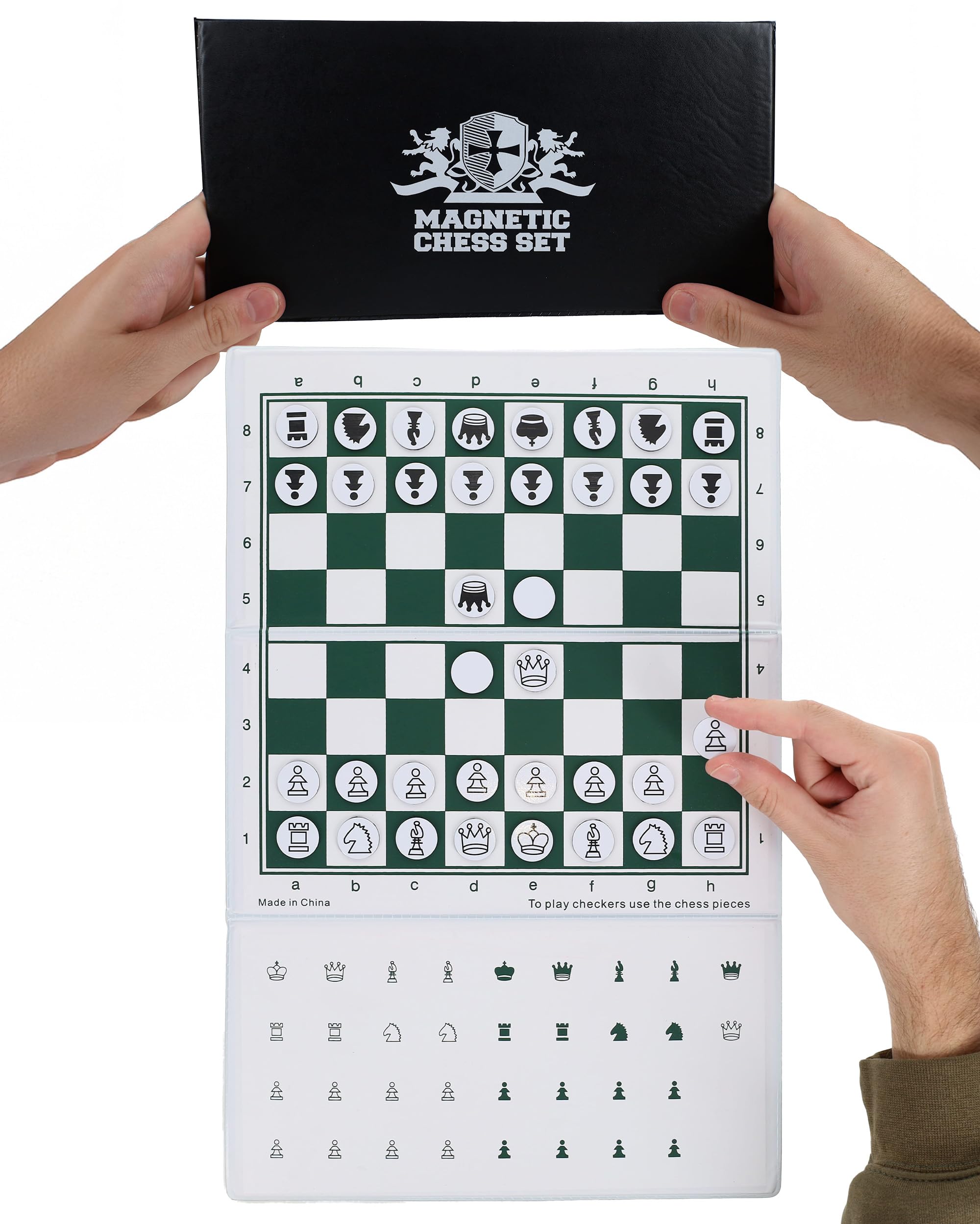 WE Games Mini Magnetic Travel Chess Set – 10-Inch Foldable Board with Durable Vinyl Pieces & Extra Queens– Indoor & Outdoor Magnetic Chess Game - White Logo