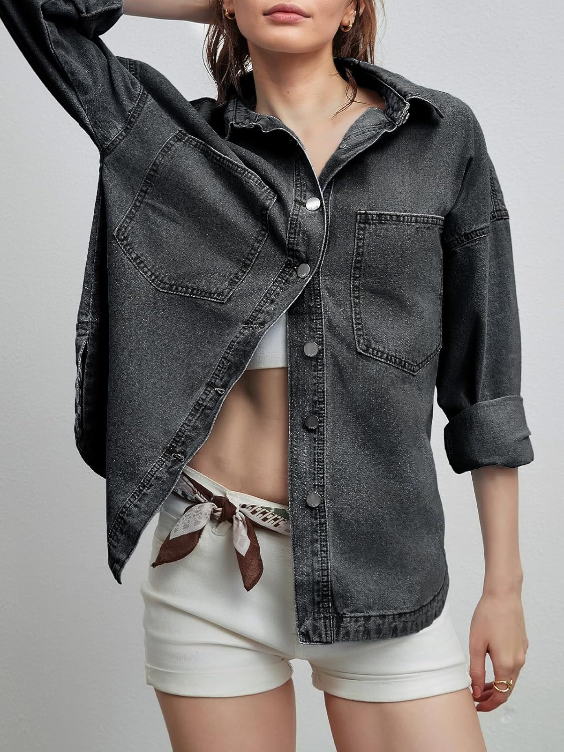 Women Denim Jacket Shacket Long Sleeve Oversize Boyfriend Jean Jacket Shirt - Image 4