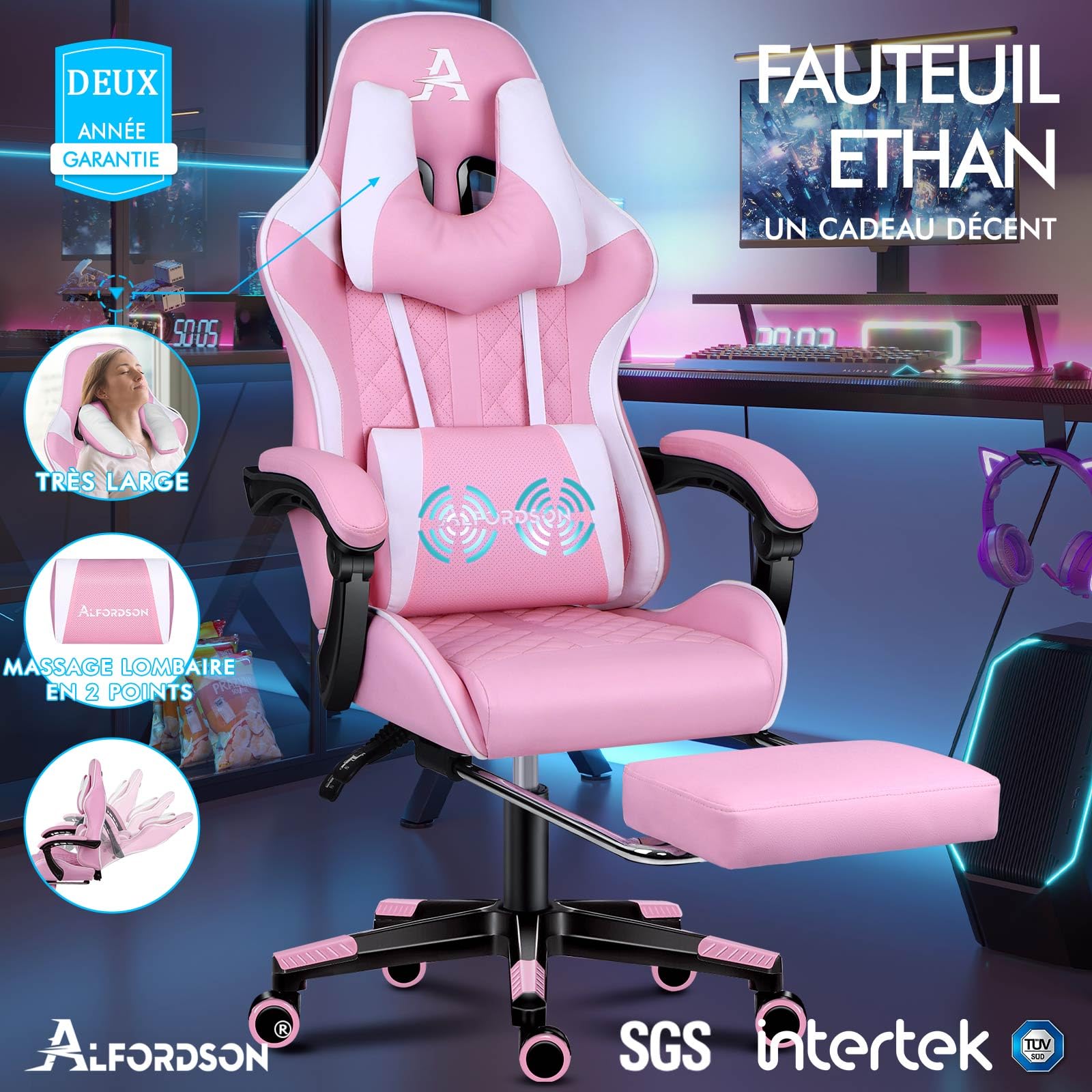 ALFORDSON Chaise de Bureau de Jeu Confortable, Repose-Pieds intégré, Coussin Lombaire, réglage de l'inclinaison à 150°, siège en Cuir à Dossier Haut, capacité de 180 kg, Cuir PU, Rose