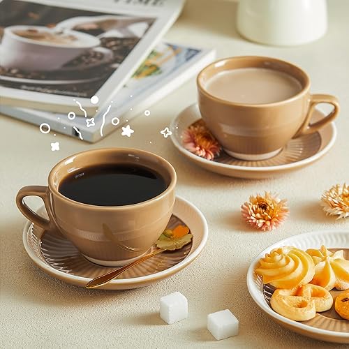 Miniatura 5 de Sweese Juego de 4 tazas de capuchino de 6 onzas con platillos, tazas de café expreso dobles de porcelana, color amarillo
