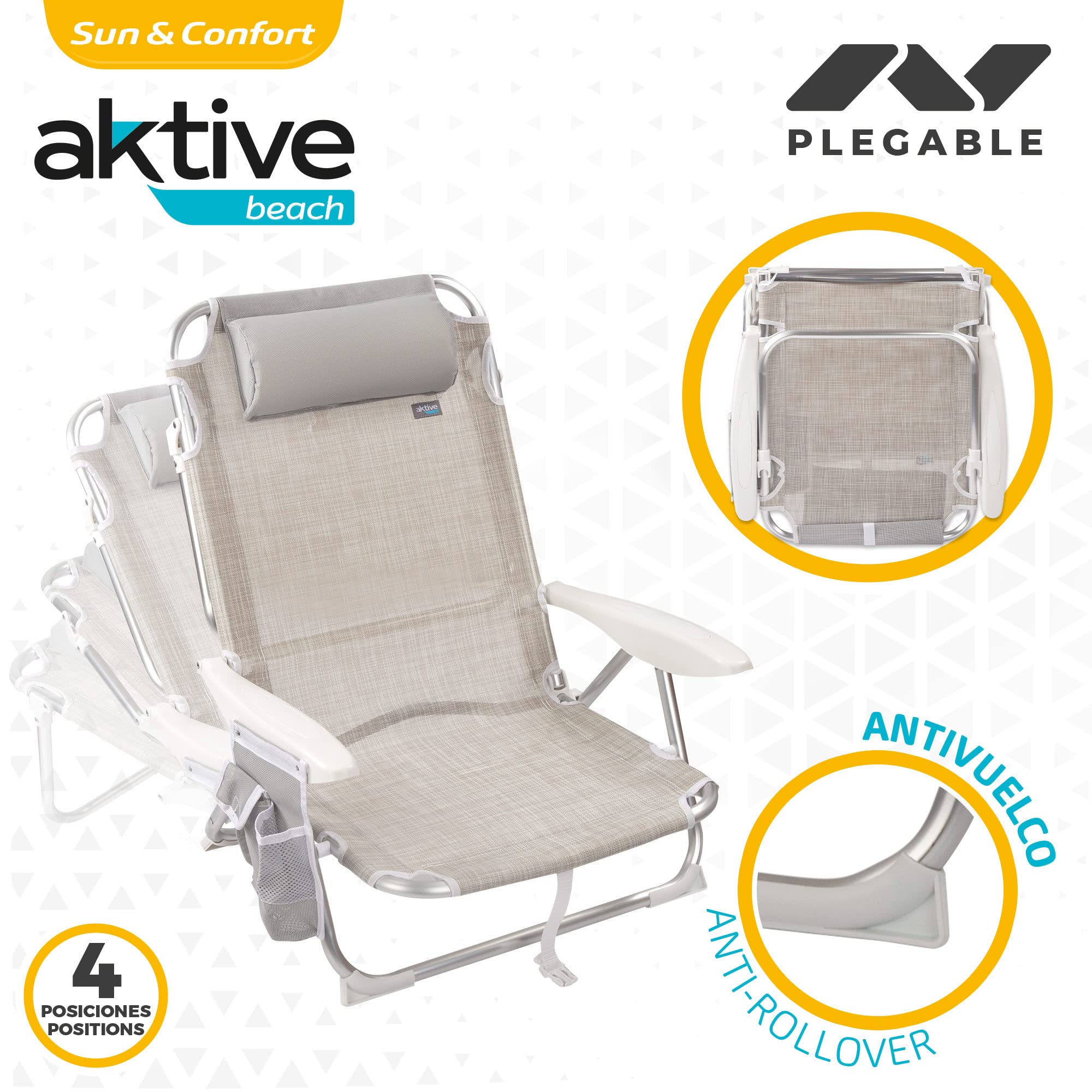 AKTIVE 62262 - Pack de 2 Chaises Pliantes Multi-Positions pour la Plage, Le Jardin, la Terrasse ou Le Camping, Beige, Dimensions 51X45X76 cm, 4 Positions, avec Coussin Appui-Tête