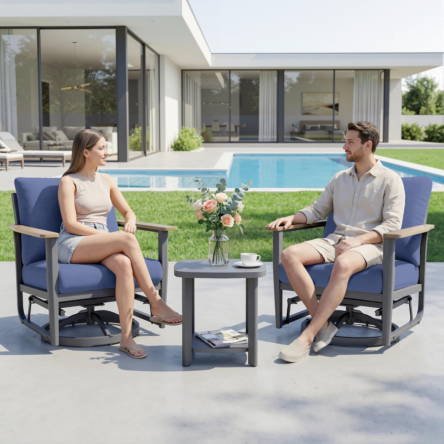Aluminum Swivel Rocking Chairs, 3-Piece Outdoor Patio Furniture Set with Side Table, Rust-Proof Metal Gliders with Wood-Like Armrests & 5.1" Thick Cushions for Backyard, Porch, Navy Blue